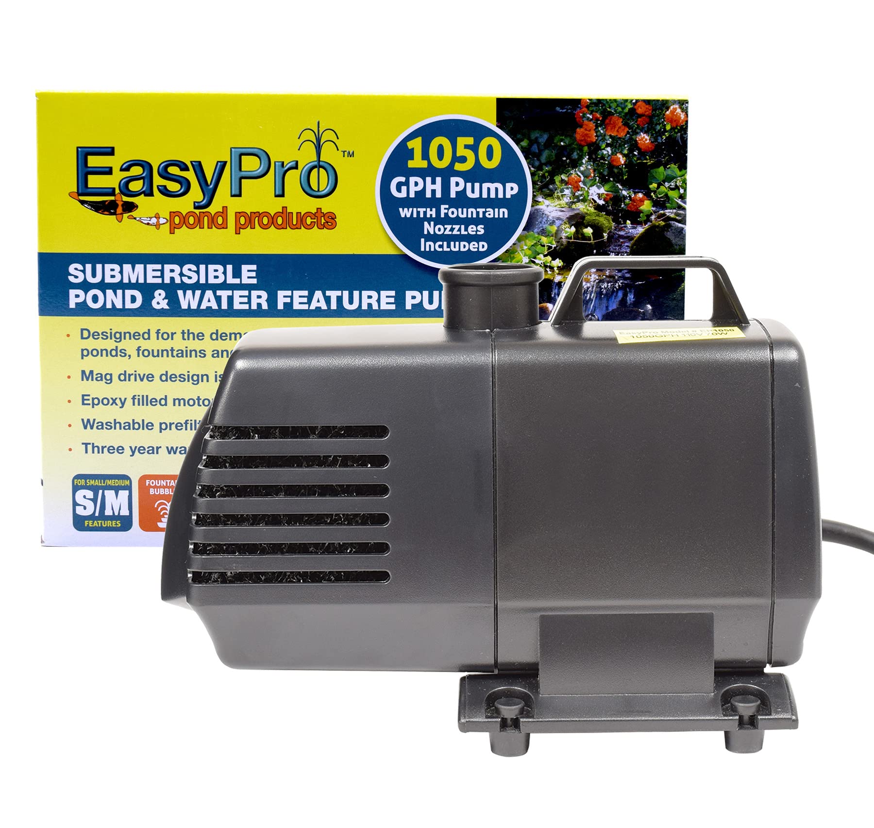 EasyPro EP1050 Submersible Mag Drive Pond Pump, Max Flow 1050 Gallons-Per-Hour
