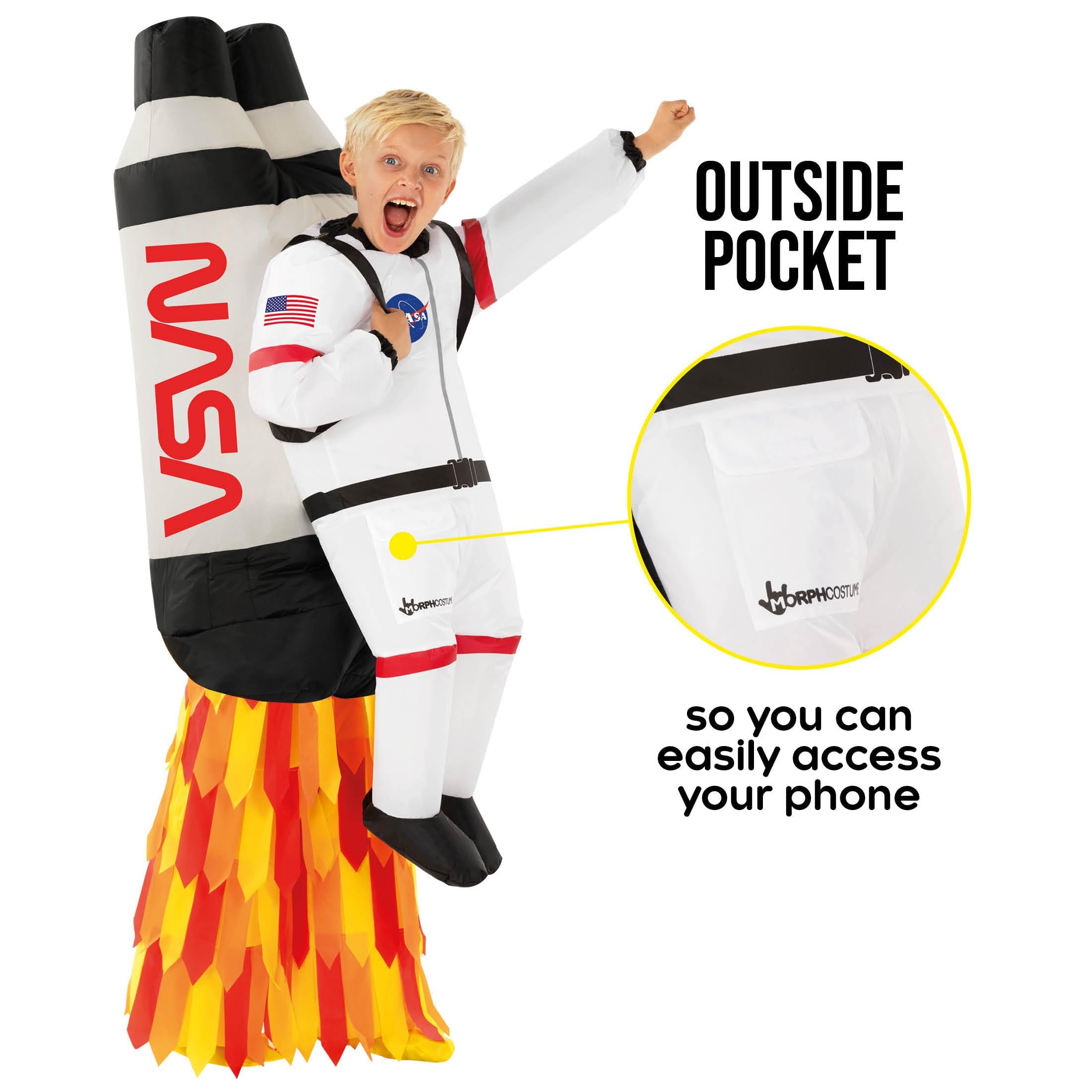 Morph Raketen Kostüm Kinder – Astronautenkostüm mit aufblasbarem Jetpack für Karneval, Fasching, Halloween – Rakete Verkleidung Jungen Mädchen – Einheitsgröße