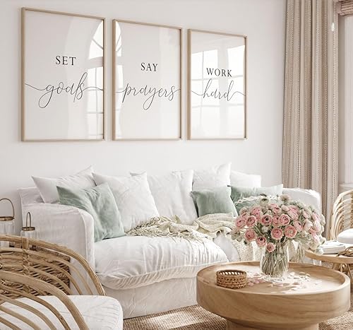 Juego de 3 piezas de pósteres de lienzo duro con texto en inglés Goals Say Prayers Work (Goals Say Prayers)