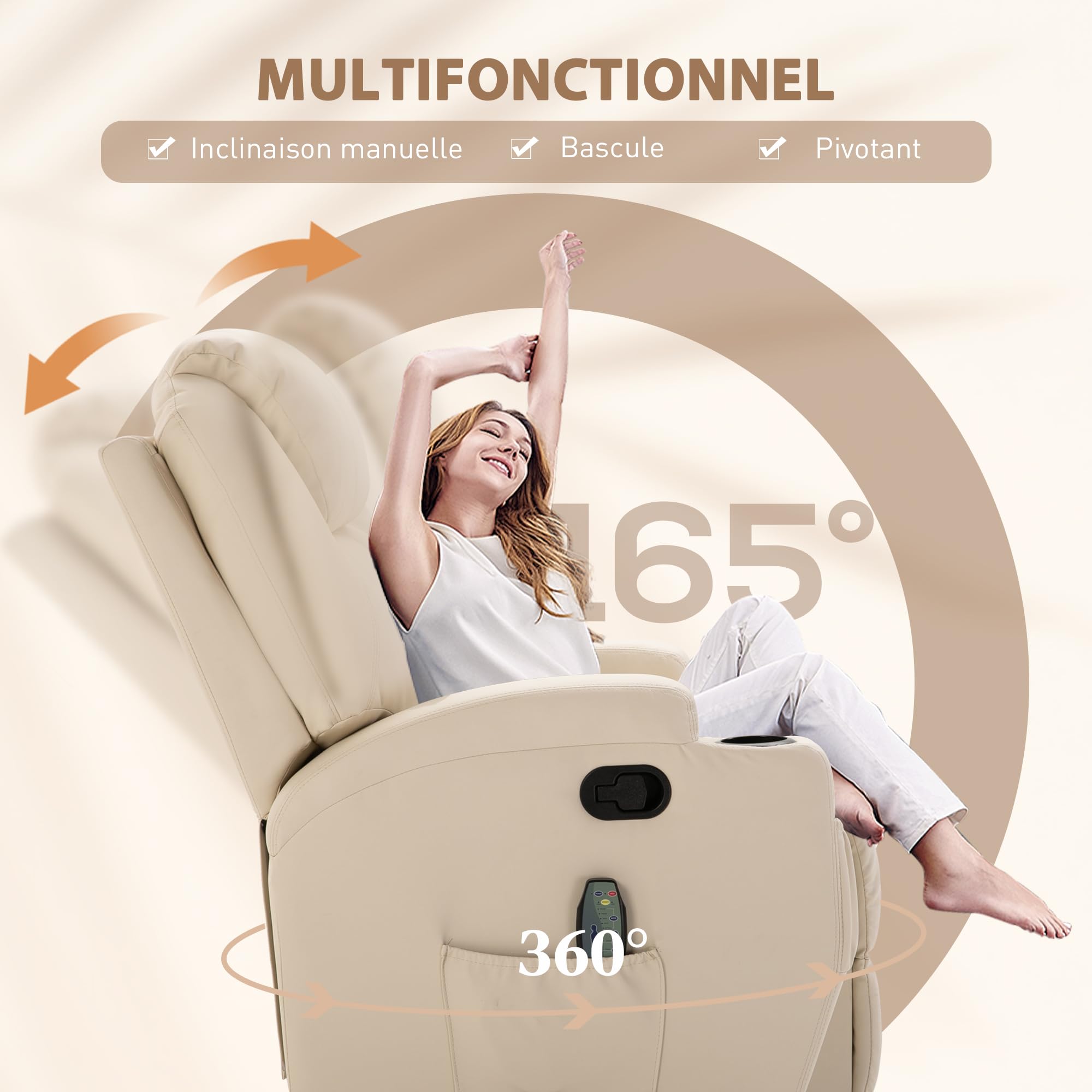 HOMCOM Fauteuil de Massage inclinable, Bascule et pivotant à 360°, Fauteuil de Relaxation, Dossier et Repose-Pieds réglable manuellement, télécommande, Porte-gobelets et Poches latérales, crème