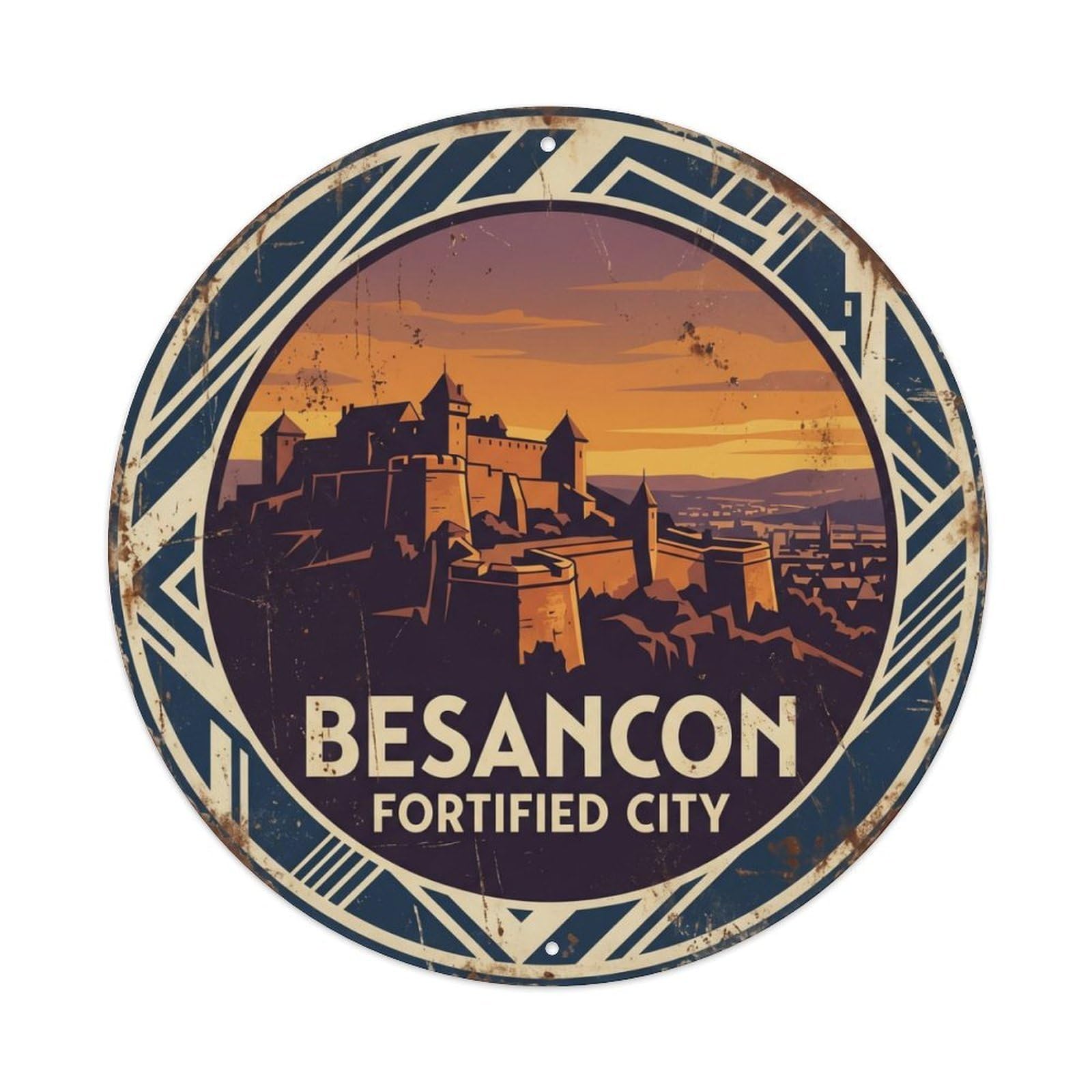 Fqcyn Style Vintage Travel Besancon France Citadel Metal Tin Sign Plaque Wall Decor For Cafe, Club Bar, Office, Home Garden Round Metal Poster 8X8inch