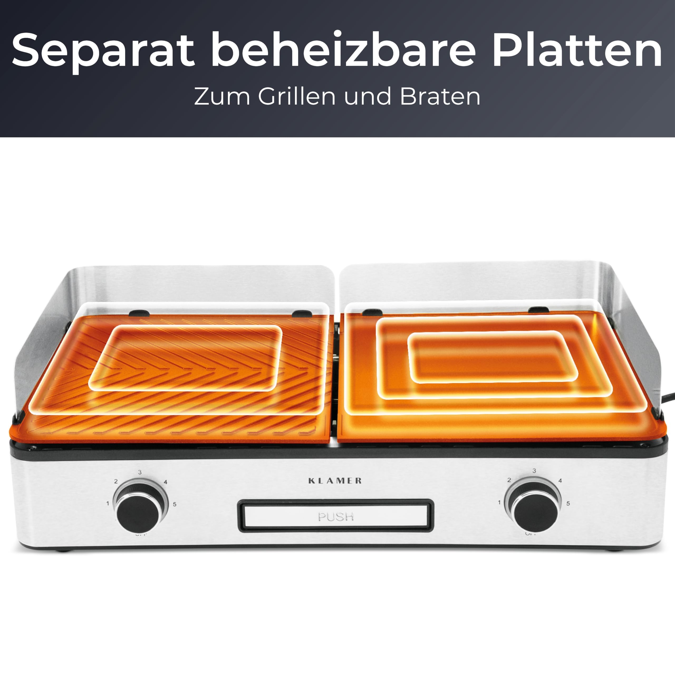 KLAMER Elektrogrill, antihaftbeschichtete und abnehmbare Duo-Platten, separate Temperatureinstellung, 5 Grillstufen, mit Wind-/ Spritzschutz & Auffangschale