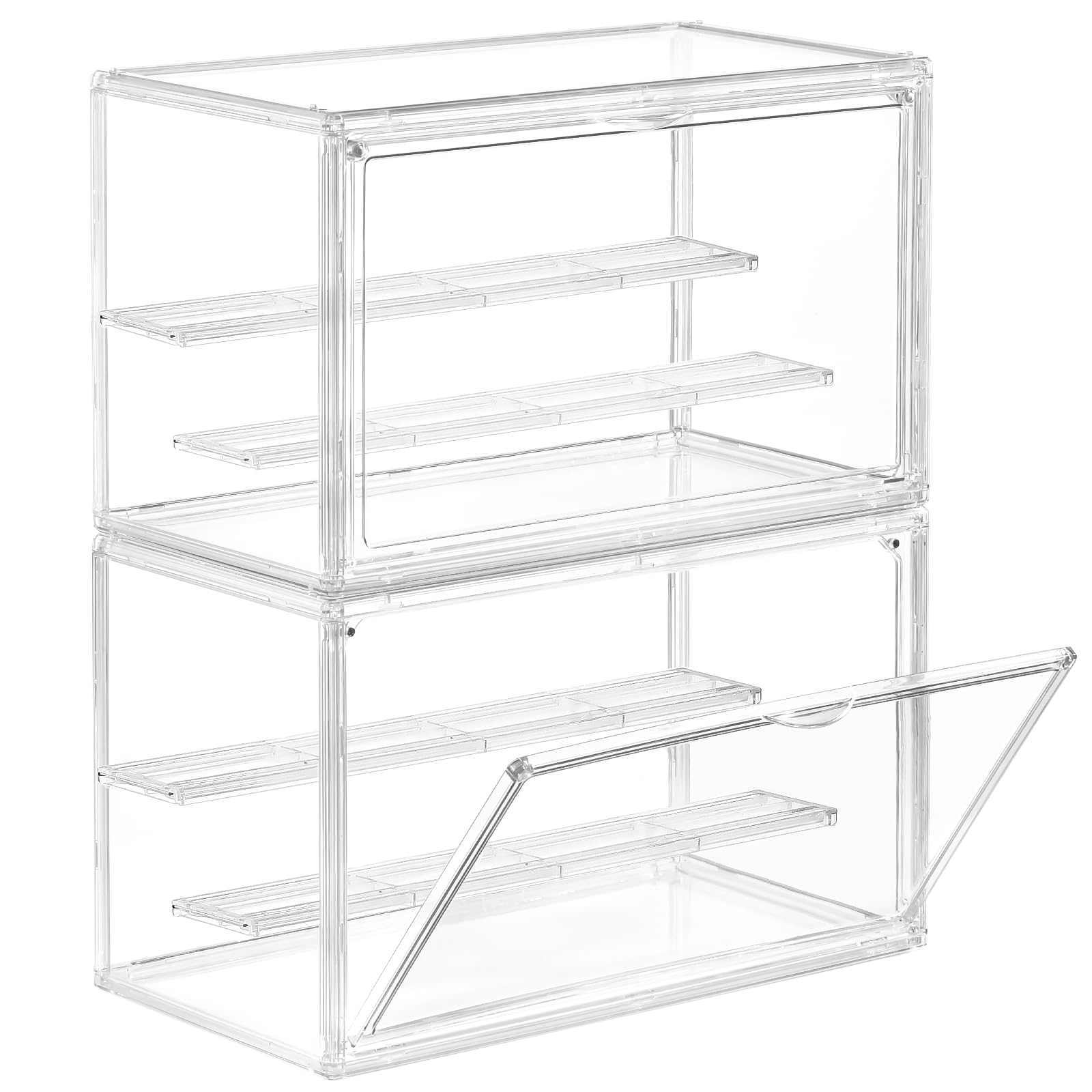 Freebat Clear Acrylic Display Case for Collectibles - 3-Tier Adjustable Figure Display with Magnetic Door &amp; Removable Shelves,Stackable Dispaly box for Figures - 2 Pack