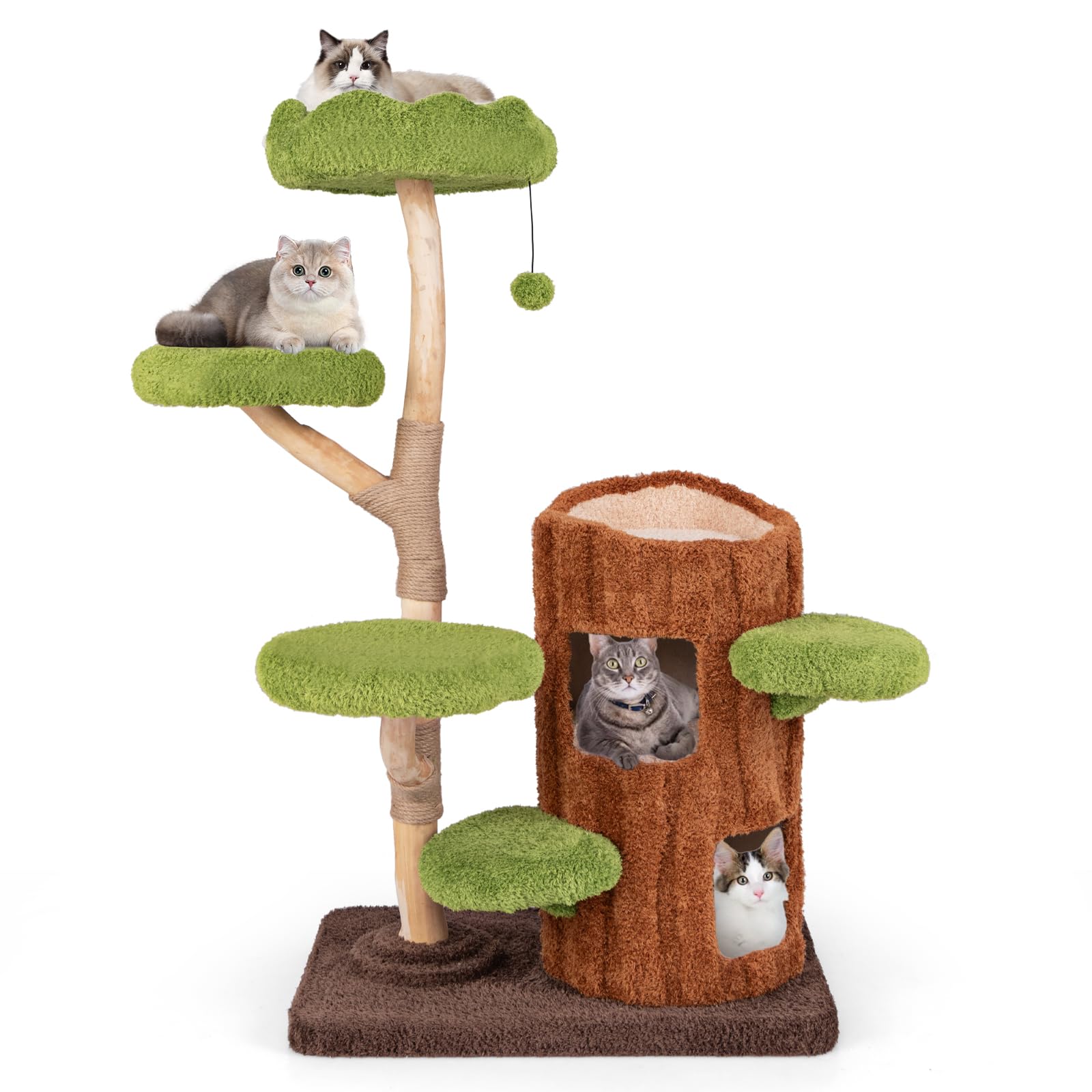 COSTWAY Árbol para Gatos, 141 cm Rascador para Gatos con Postes de Rascado y Panel de Sisal, Perchero Superior y 4 Plataformas Redondas, Juguete Colgante, Muebles para Gatos de Madera Natural