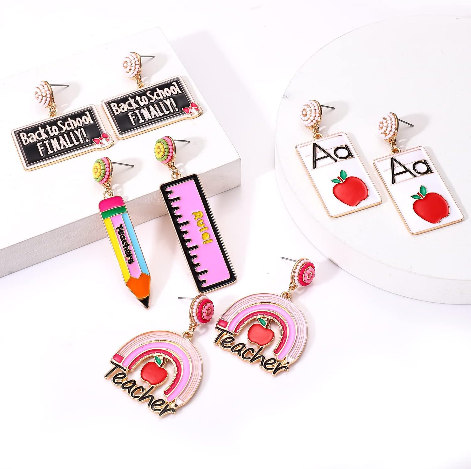 4 Pairs Teacher Earrings for Women Enamel Rainbow Pencil Dangle Earrings Statement Pencil Math Drop Earrings Fun Back To School Jewelry Teacher Appreciation Gift - Image 6