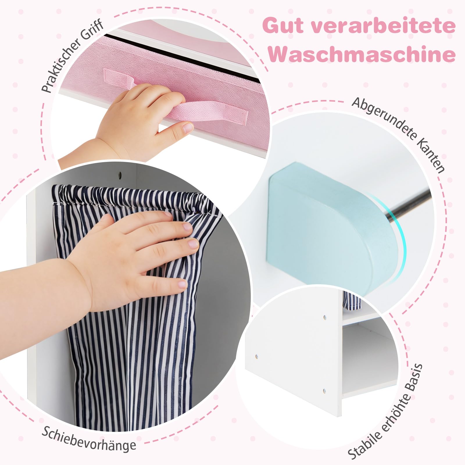 COSTWAY Kinder Waschmaschine Holz, Spielzeug Waschmaschine-Set mit Waschmittel, Bügeleisen, Kleiderbügeln & Stoffschublade, Wäsche-Set für Kinder ab 3 Jahren
