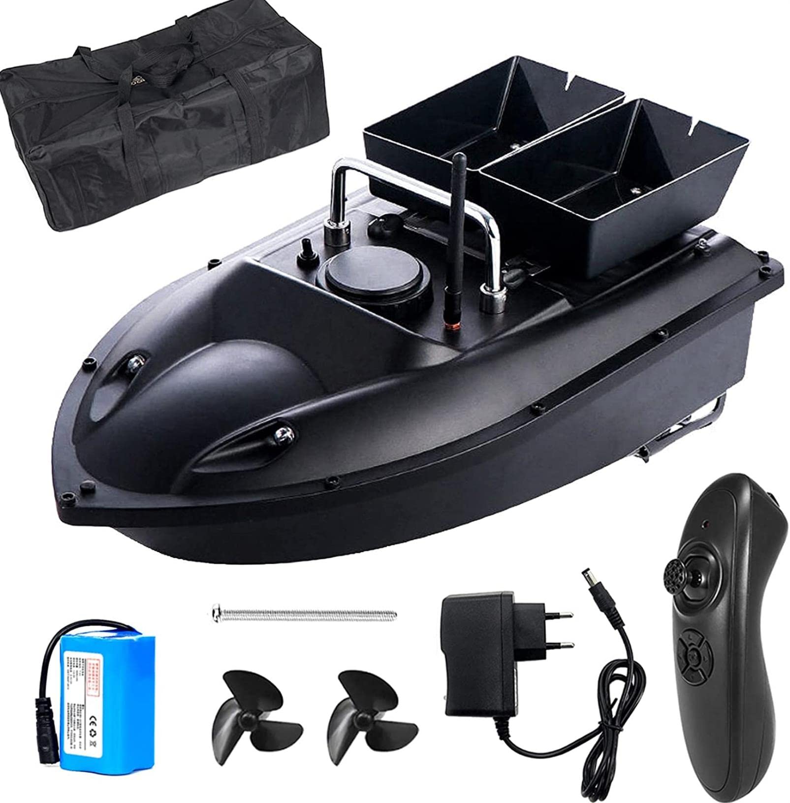Barco Cebador Teledirigido para Pesca, Barco Cebo Pesca Inteligente con Motores Duales y Batería de 12000 MAh, Iluminación Led Delantera y Trasera, Herramientas de Pesca Profesionales