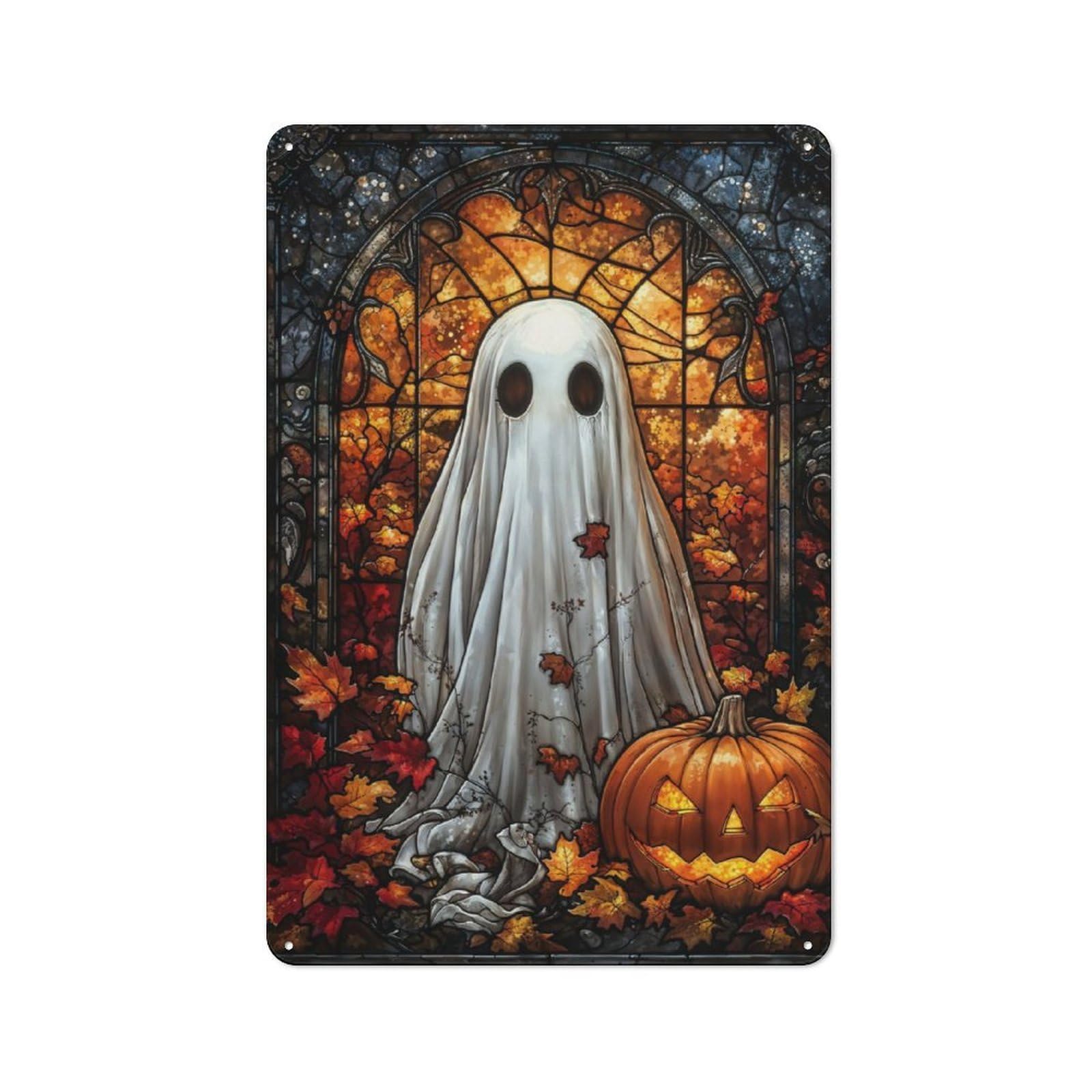 Junmoney Stained Glass Ghost Art Metal Wall Sign 30X20cm Featuring For Living Room Wall, For Decorating Living Rooms And Feature Walls