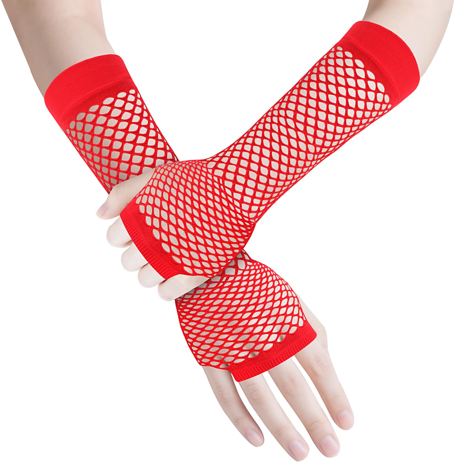 ztowoto 2 Pairs Short Fishnet Gloves Fashionable, Fingerless Mesh Gloves,Stretchable Mesh Opera Gloves for 80s Party Cosplay Costume Accessories（Red）