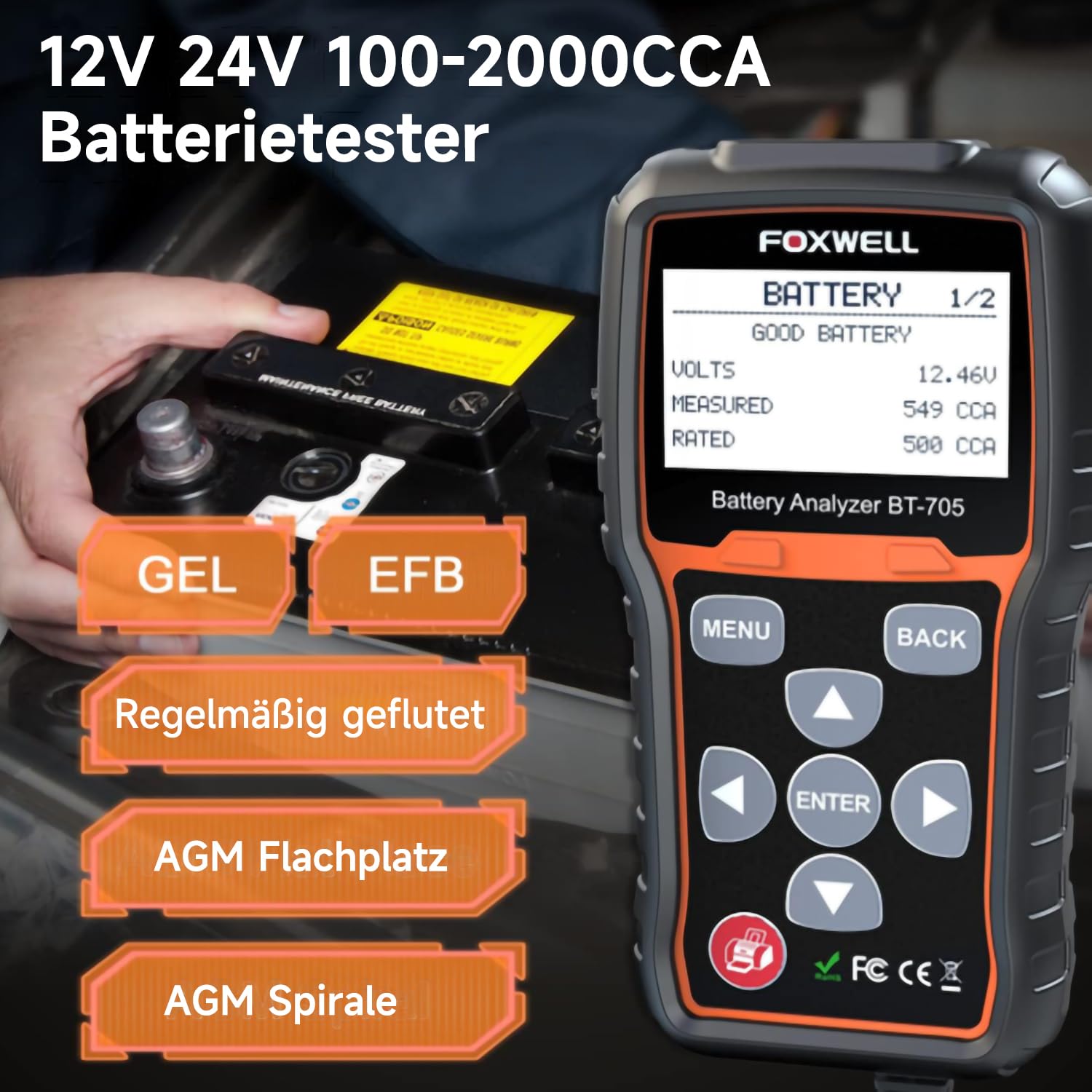 FOXWELL BT705 Batterietester 12V 24V, KFZ Autobatterie Tester 100-2000CCA Lasttester, Car Batterie Tester auto Lade-Anlasser-System Autoatterie Analysator für Auto, SUV, Motorrad, LKW, Marine.