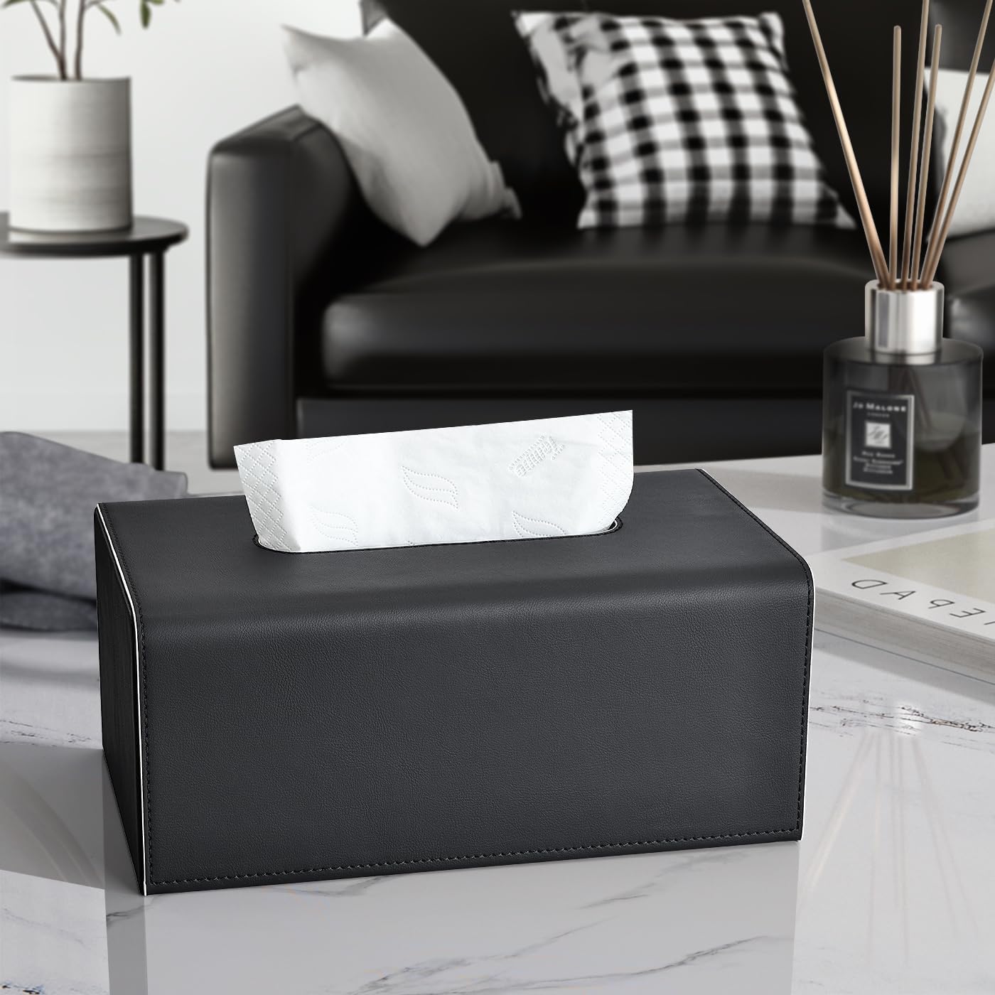 Tissue Box Cover, PU Leather Rectangular Tissue Box Holder with Magnetic Bottom Cover for Facial Tissues/Napkins, Office & Living Room Decor Box for Standard 120-count (3-Ply) 160-count (2-Ply) Black image 4