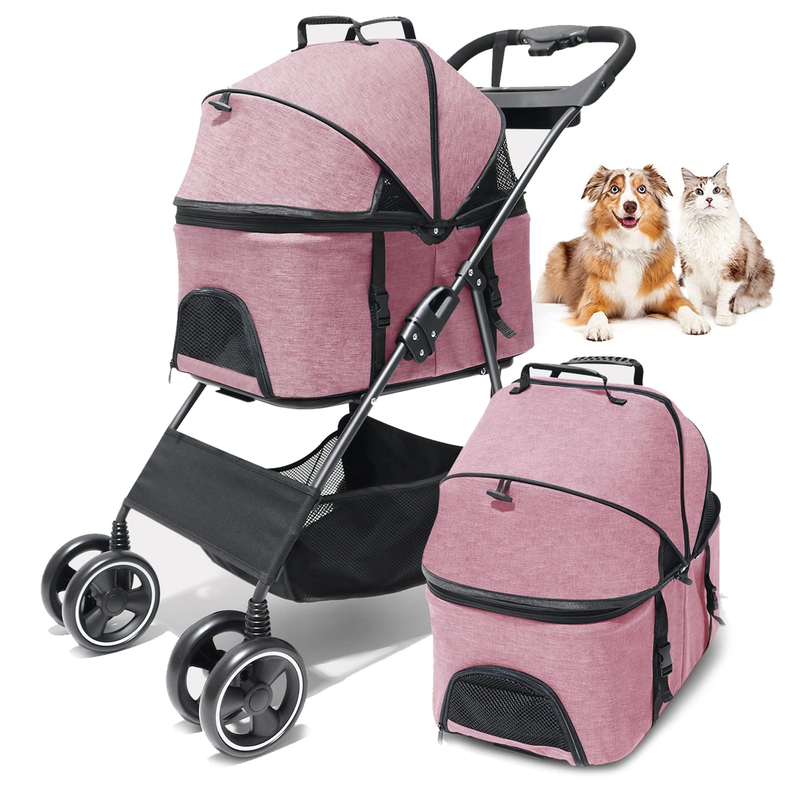 PJDDP Cochecito De Perro para Perros Y Gatos Pequeños, Cochecito De Paseo Desmontable, Plegable Carrito para Perros,Asiento De Coche,Cesta De Almacenamiento De Carro De 4 Ruedas,Rosado