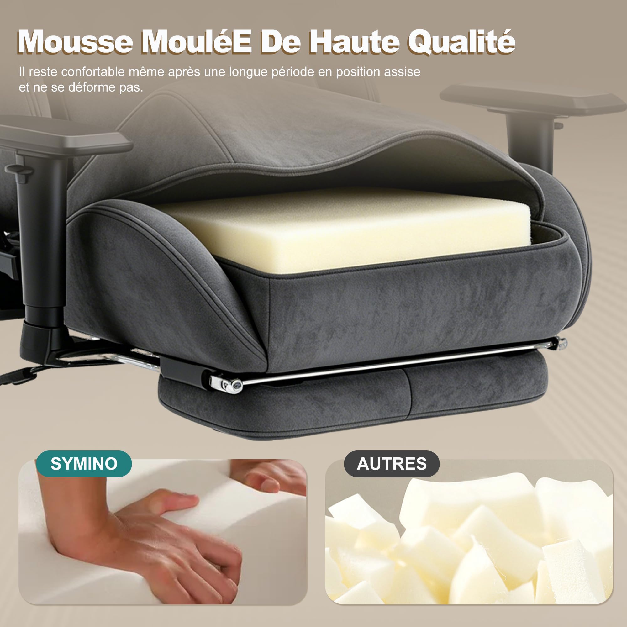 Symino Chaise Gaming Ergonomique et Fauteuil Gamer avec Repose-Pieds Télescopique Coussin à Ressorts, Support Lombaire et Hauteur Réglable 200kg (Faux Daim, Gris)