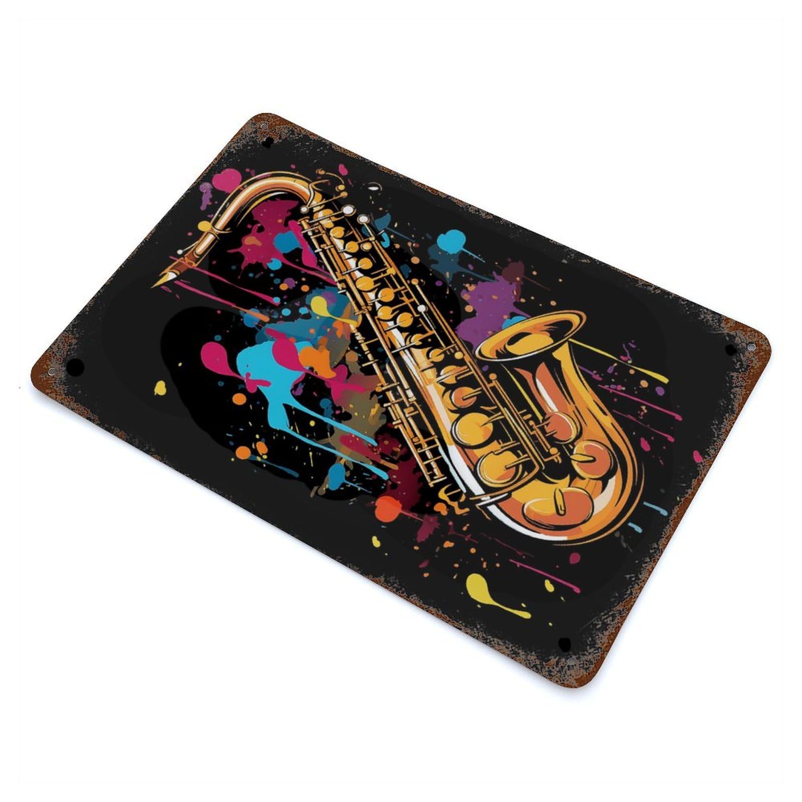 Saxophone Colorful Rust Effect Tin Sign 11.8"x7.9", Ideal for Garage, Bar And Workshop Decor
