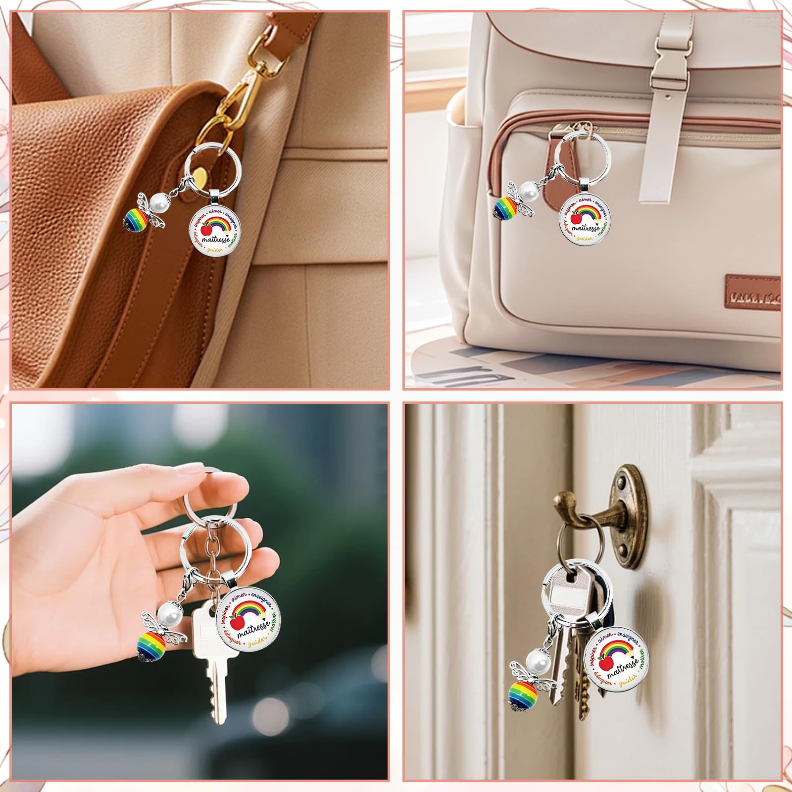 Cadeau Maitresse D'école Cadeau Maitresse 3 Pièces Pour Fin D'année Scolaire – Tote Bag Merci, Porte-Clés Arc-En-Ciel Et Stylo Rose – Tissu Résistant, Design Coloré Pour Professeur
