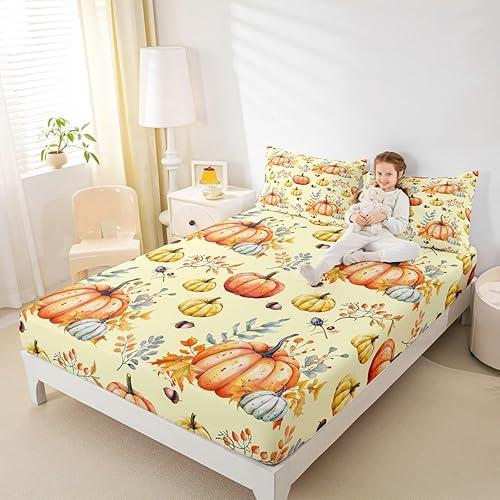 Miniatura 5 de Erosebridal Juego de sábanas de calabaza de otoño, tamaño Queen, sábanas de cosecha de otoño para niños y niñas, decoración de dormitorio, juego de