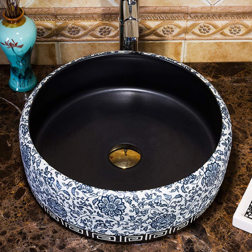 Umywalka Łazienkowa Nablatowa, Niebiesko-Biała Ceramiczna Umywalka Łazienkowa, Porcelanowa Umywalka Ceramiczna Nablatowa Ceramiczna Umywalka Łazienkowa