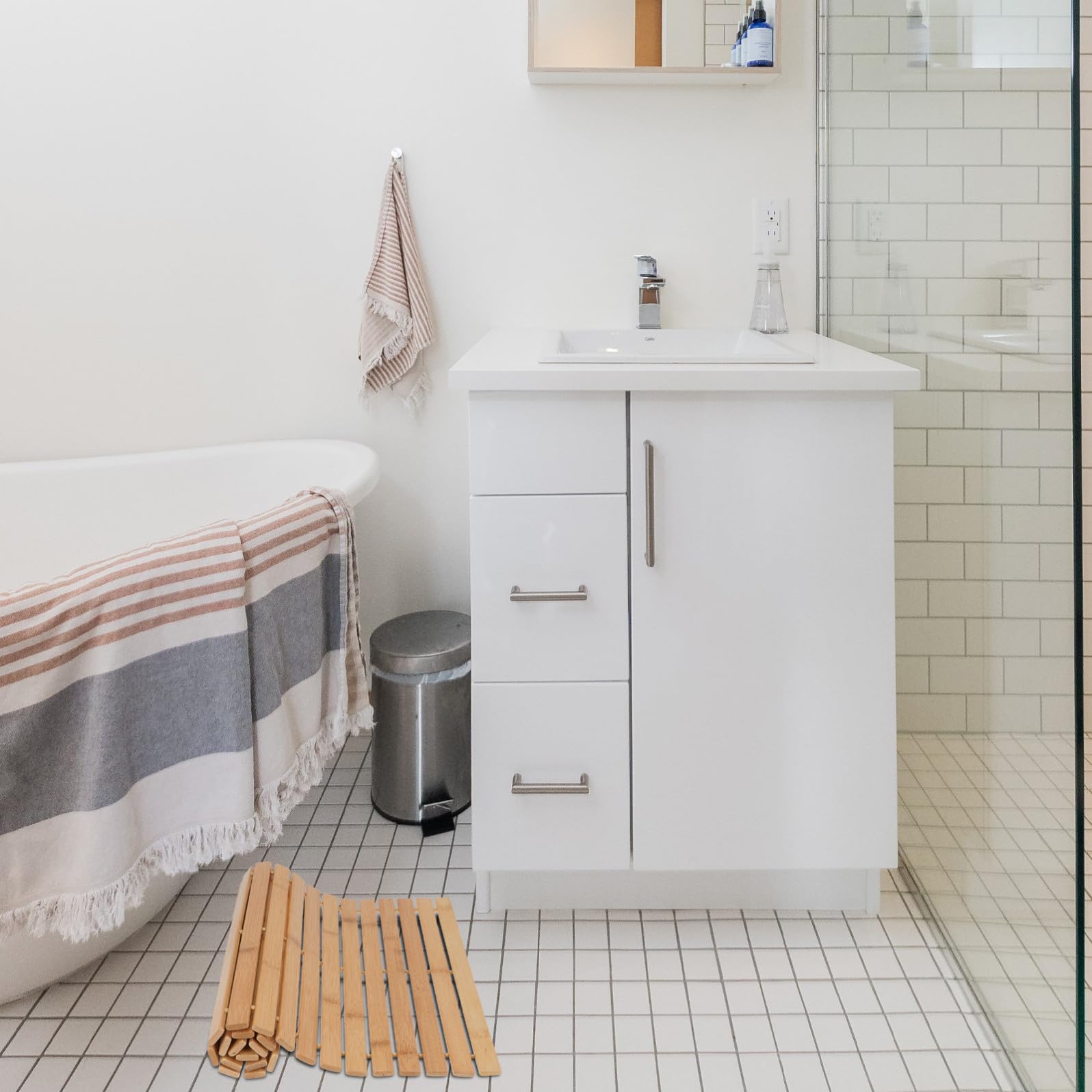 NUOBESTY Tappeto per Bagno Antiscivolo in Bambù Marrone Elegante, Tappeto da Vasca Assorbente senza Assemblaggio per Bagno e Ufficio
