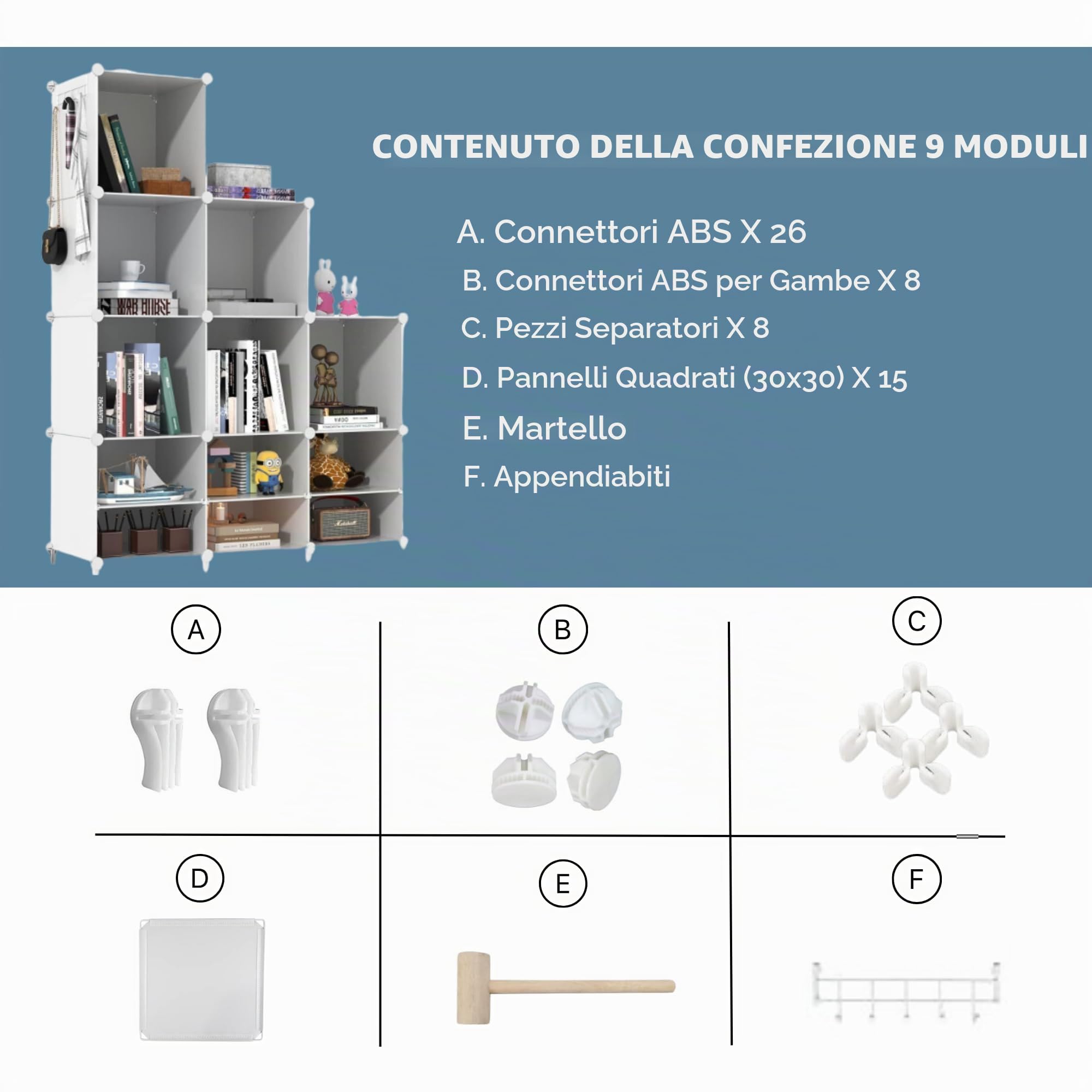 Scaffale Modulare con 9 Scomparti, Scaffali Modulare in Plastica, Scaffale con Moduli, Cubo Portaoggetti, Libreria in Plastica, per Scarpe, Vestiti, Libri, Montaggio Facile, Armadio, Bianco.