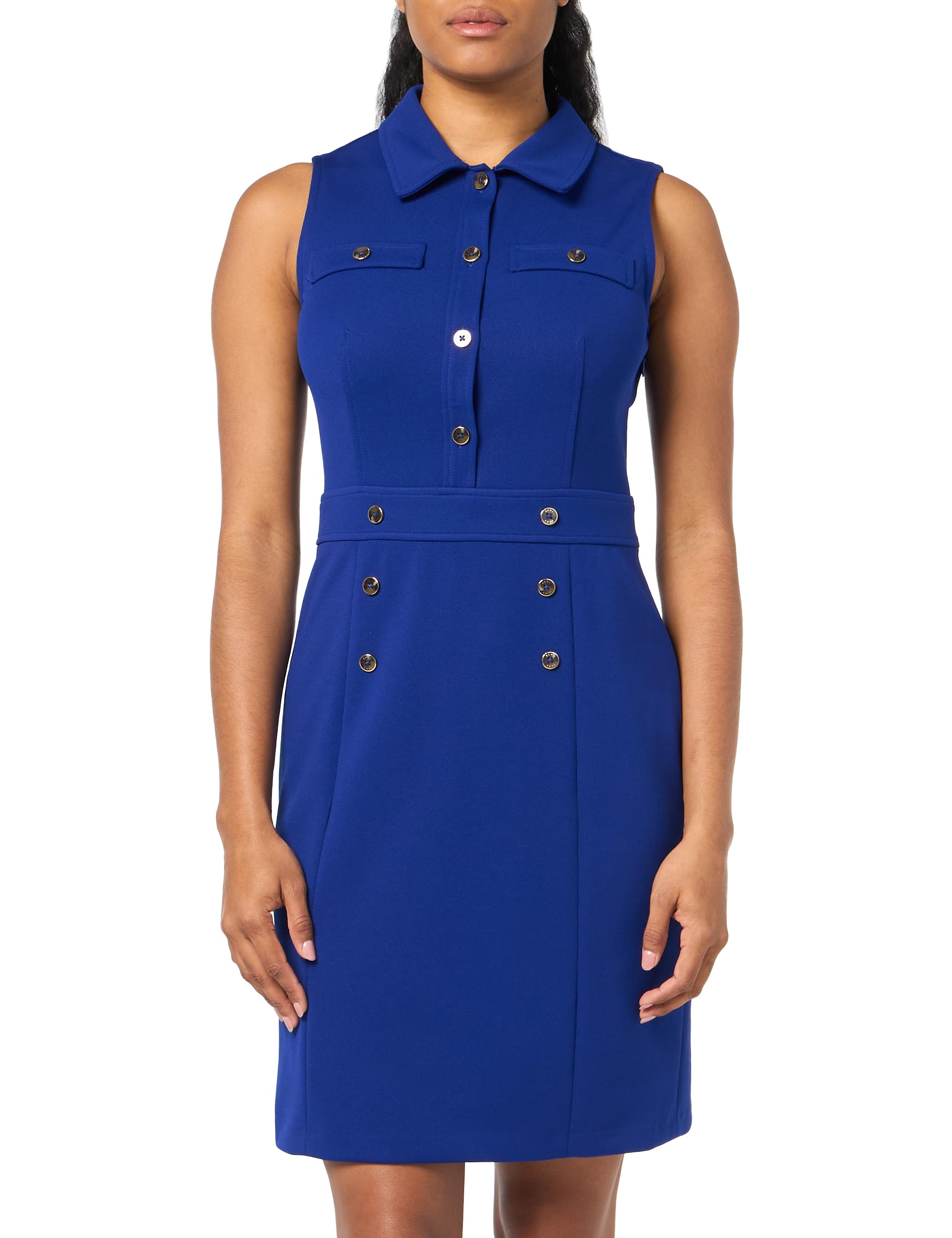 DKNY Womens Button Detail Collared Sleeveless Dress