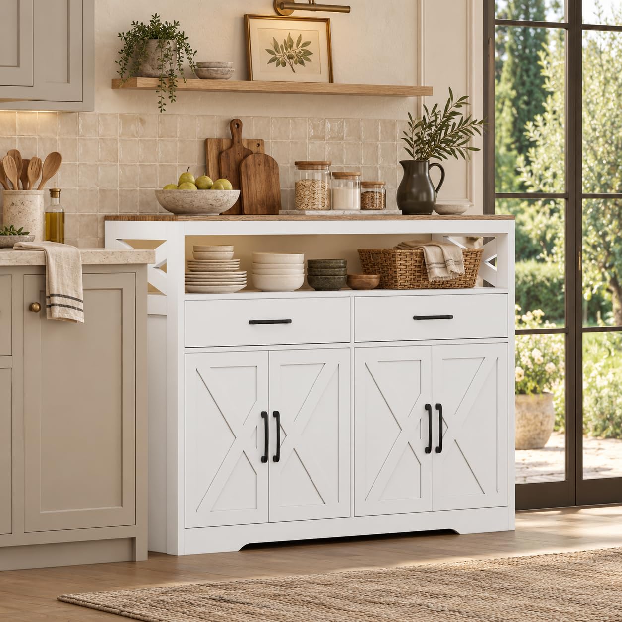Commode Buffet 4 Portes 2 Tiroirs, Meuble Bas Élégant en Bois Blanc, Parfait pour Salon, Cuisine ou Couloir, 140x40x105 cm