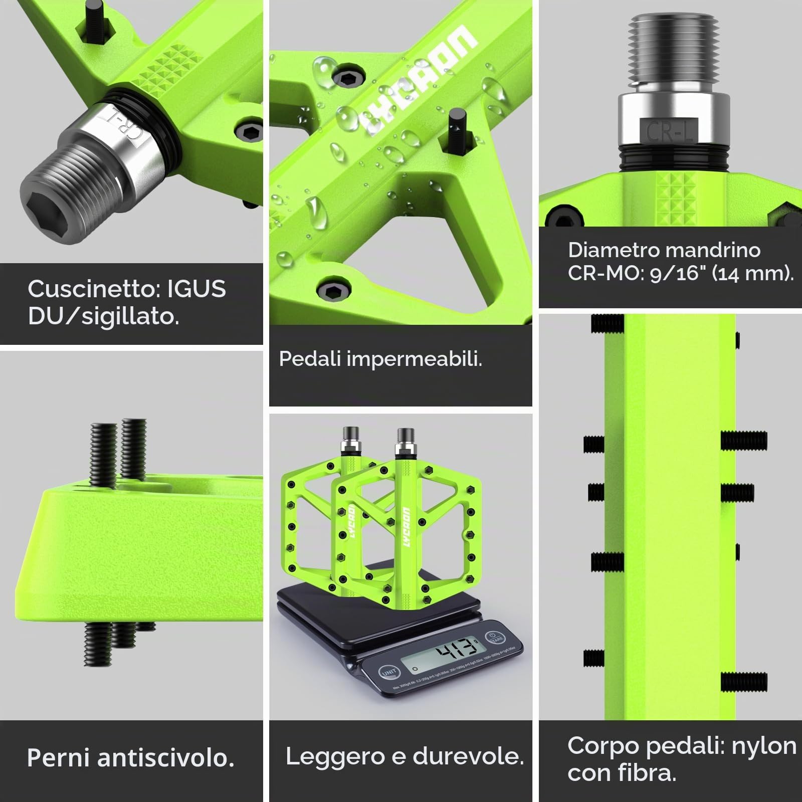 LYCAON Pedali bici da strada/mountain bike, Pedale per Bicicletta Fibra di Nylon Antiscivolo CR-MO, 3 Cuscinetti CNC per 9/16" BMX MTB, Pedali a Piattaforma Piatta Leggeri e Larghi
