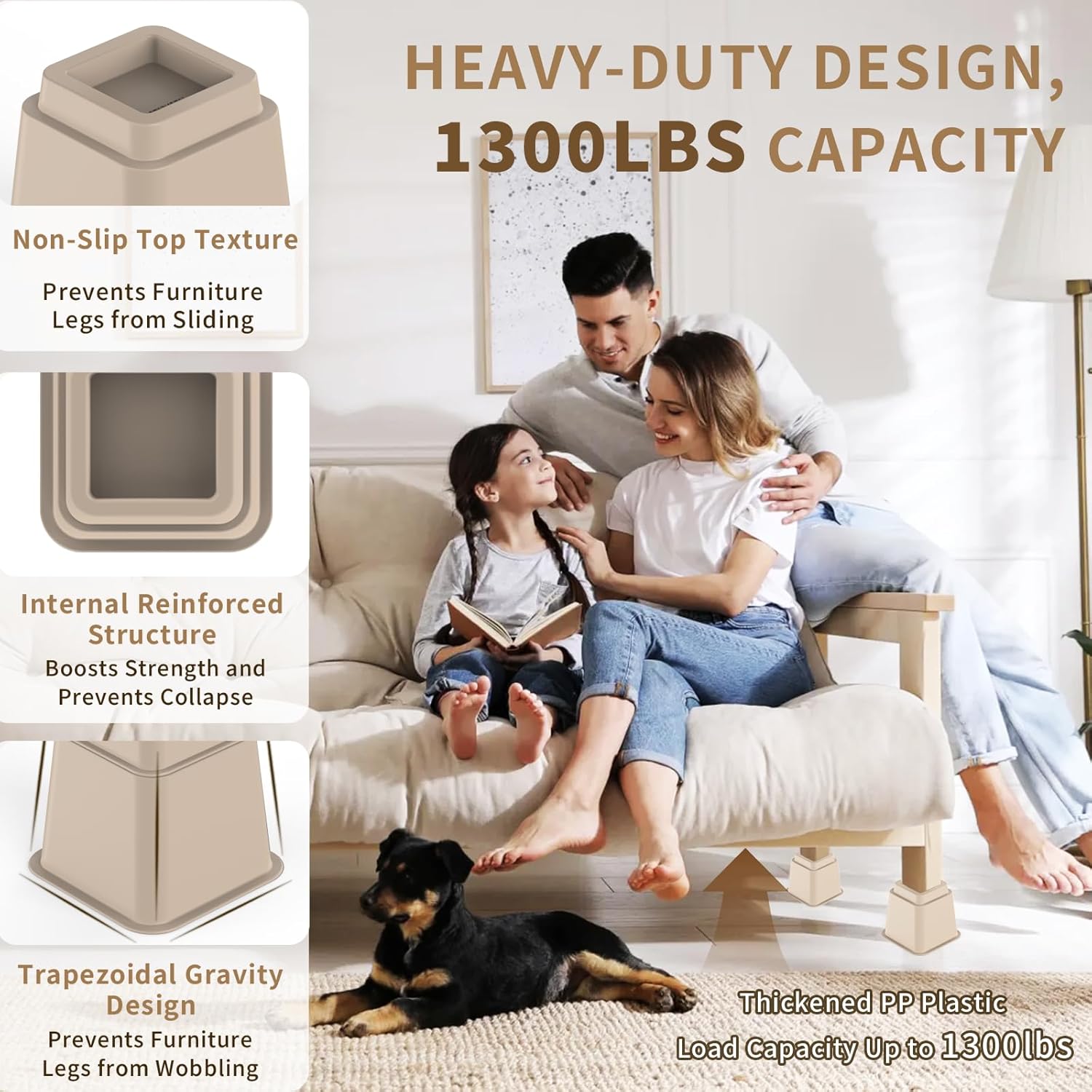 Adjustable Bed Risers 3, 5, 8 Inch Heavy Duty, Stackable Furniture Riser Set of 4 Bed Lifts for Couch, Sofa, Chair, Table & Desk, Under Bed Storage, College Dorms Supports Up to 1,300 Lbs, Brown