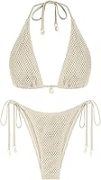 ZAFUL Women's Multiway Fishnet Triangle Bikini Set - Tie Side Bandeau Halter String Swimsuit