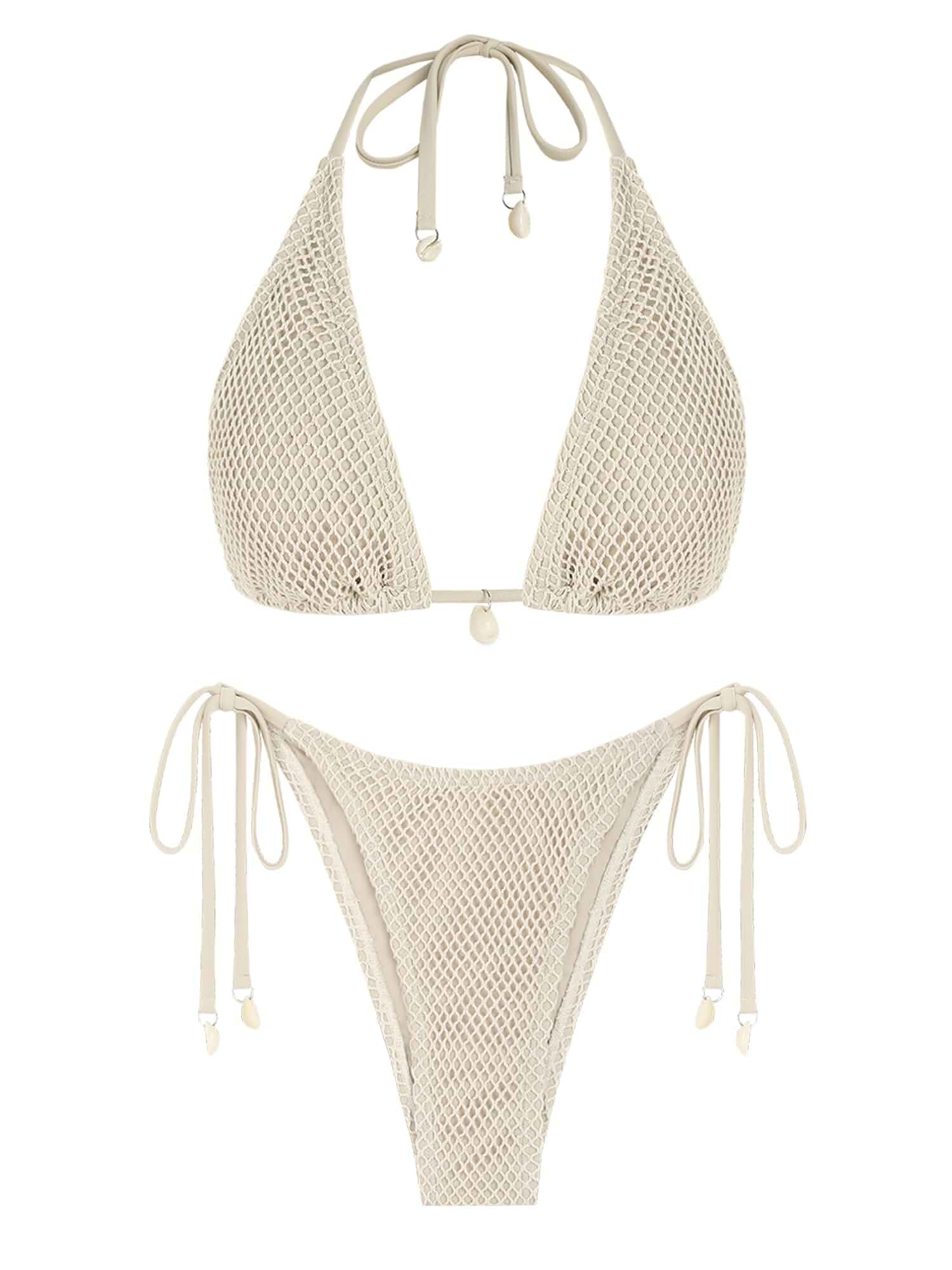 ZAFUL Women's Triangle Bikini Fishnet Tie Side Bandeau Halter Bikini Set Shell decorations, Multiway design, Versatile swimsuit, String swimwear, Tie back, Adjustable straps, Removable soft cups