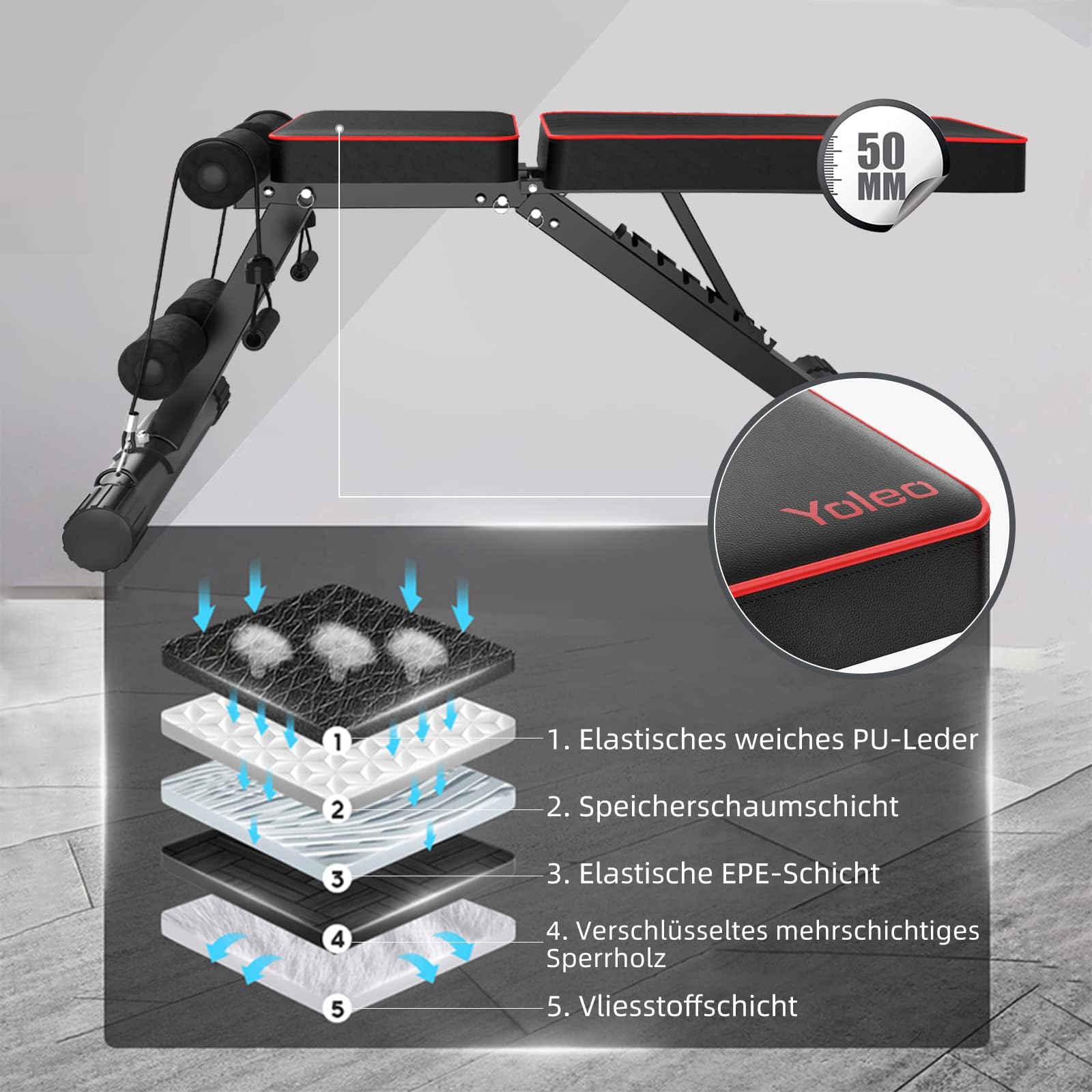 YOLEO klappbare Hantelbank Multifunktion Training Fitness Bank Bauchtrainer Schrägbank mit 6-Fach Verstellbarer Rückenlehne/3-Fach verstellbarer Sitzkissen,Belastung 300kg