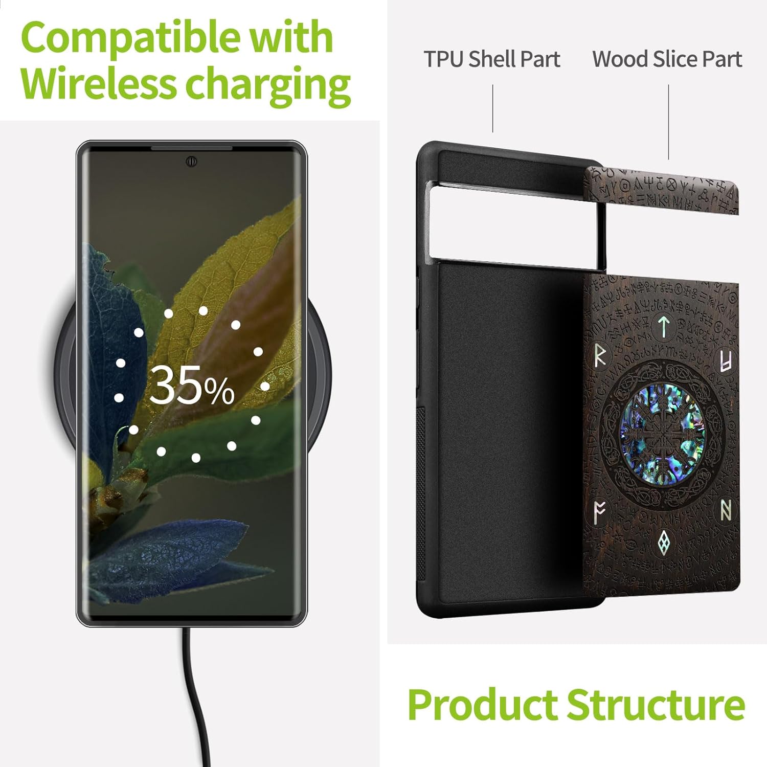 Carveit Designer Wooden Case for Google Pixel 8 Pro Case Cover [Wood Engraving & Shell Inlay] Compatible with Wireless Chargers Pixel 8 Pro (Viking-Blackwood)