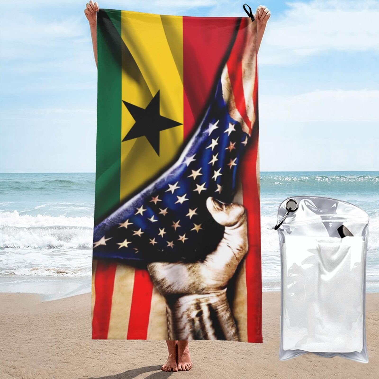 HACXZ Large Camping Towel America Flag and Ghana Ghanaian Flag Microfiber Beach Towel Bathroom Beach Towels