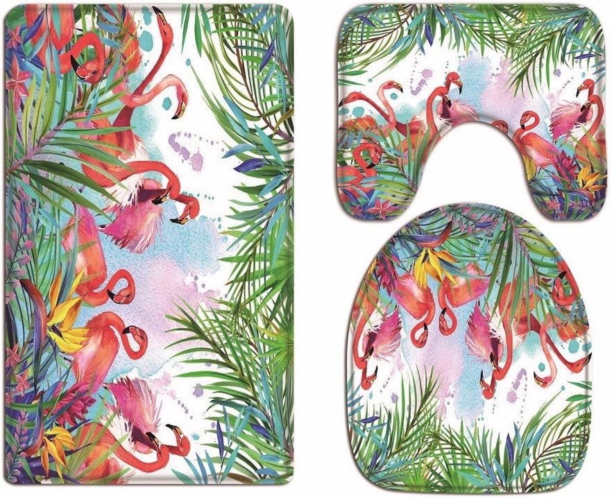 A.Monamour Watercolor Painting Tropical Leaves Flamingo Bird Floral Backgrounds Print Flannel Washable Toilet Seat Covers Toilet Lid Covers Cushions Pads Skidproof Bath Mat Rug for Toilet Accessories