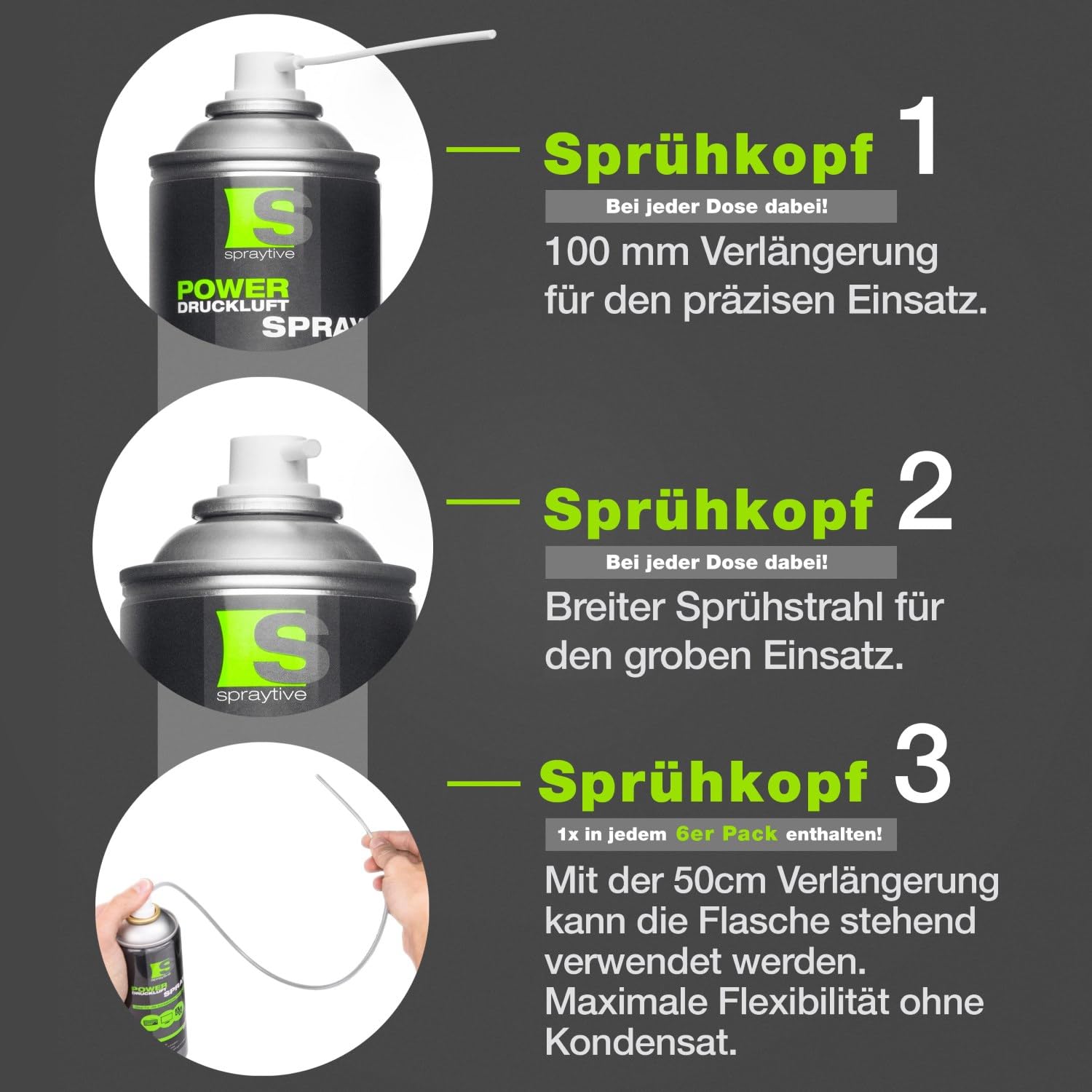 3 x 400 ml Spraytive Power Druckluftspray/Druckluftreiniger: Mit 10cm Sprühverlängerung - Druckluft aus der Dose Air Duster - Reinigung von Tastatur, PC/Computer, PS5, Xbox, Kamera - Made in Germany!