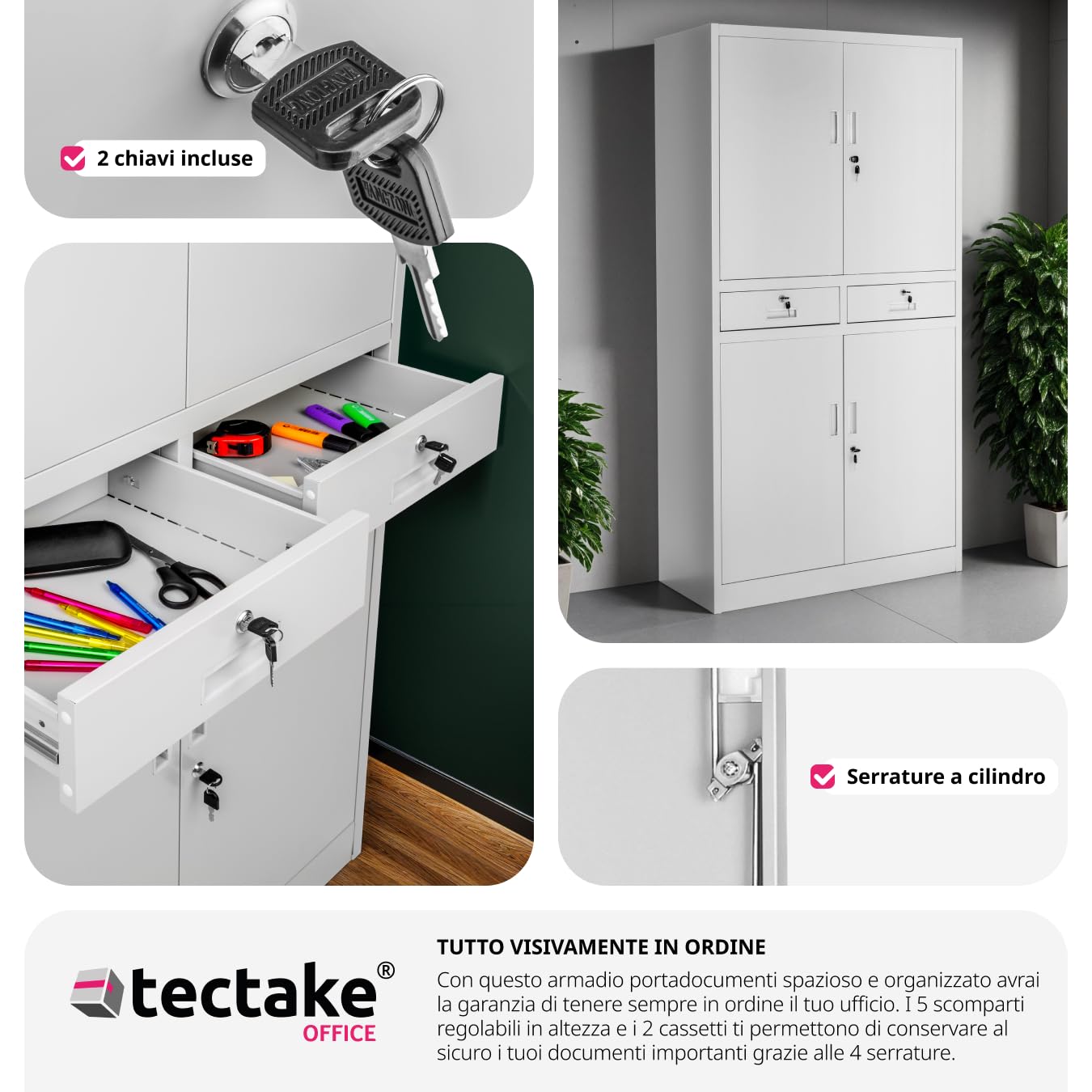 tectake® Armadio Portadocumenti 180x80x40cm, 5 Scomparti e 2 Cassetti, Armadio con Ripiani Regolabili, Ante a Battenti Rinforzate, Chiusura con Serratura a Cilindro - Grigio Chiaro