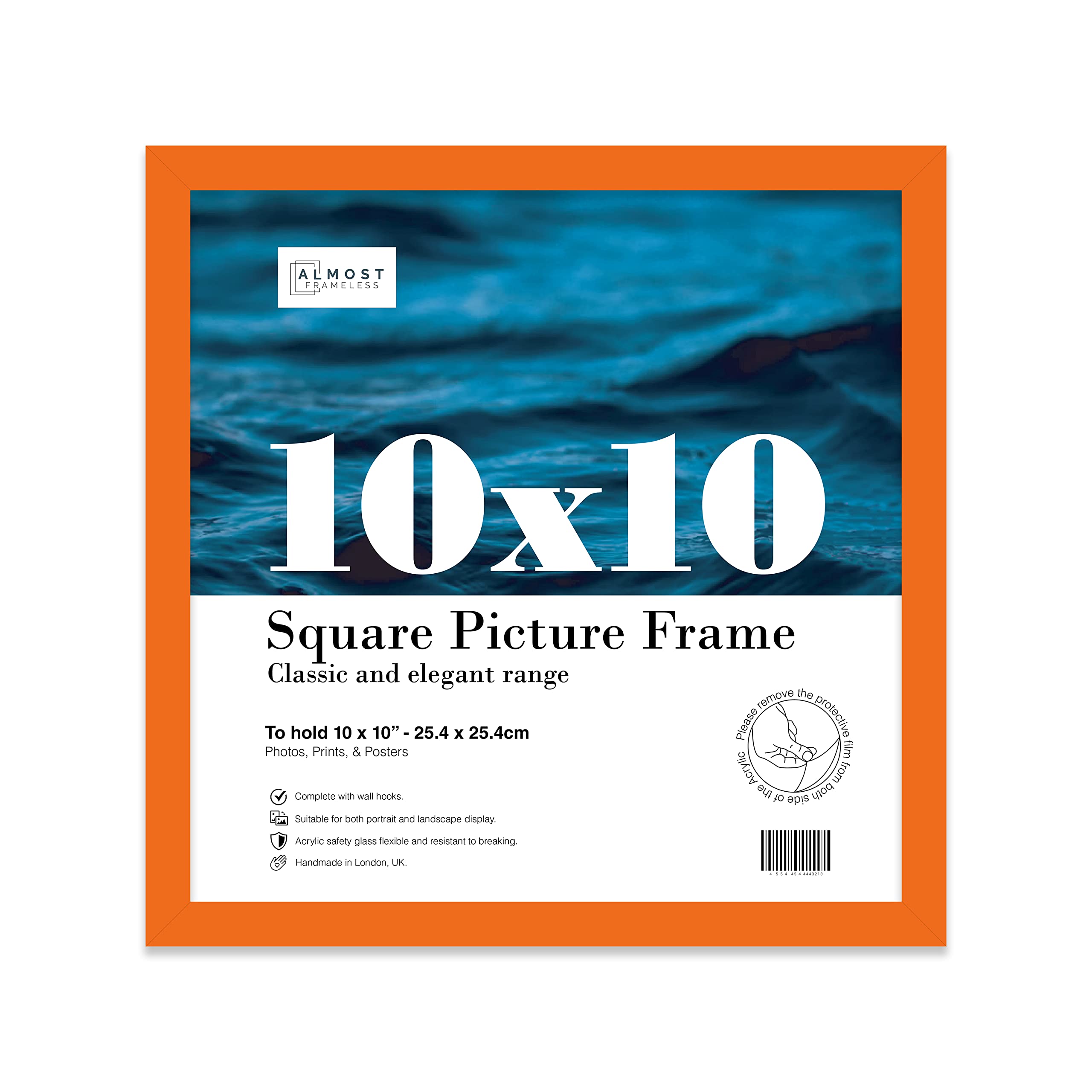 Almost Frameless 10x10 Orange Picture Frame 10"x10"(25.4x25.4cm) Poster, Photo, Artwork, or Print. Thin Edge Slim Frame Portrait and Landscape Display with Wall Hooks