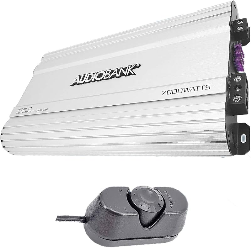 Audiobank Monoblock 7000 WATTS Amp Class D 1OHM Car Audio Stereo Amplifier Remote Turn On/Off Circuit/Heavy-Duty Aluminium Alloy Heatsink Power and Protection Indicator P7001