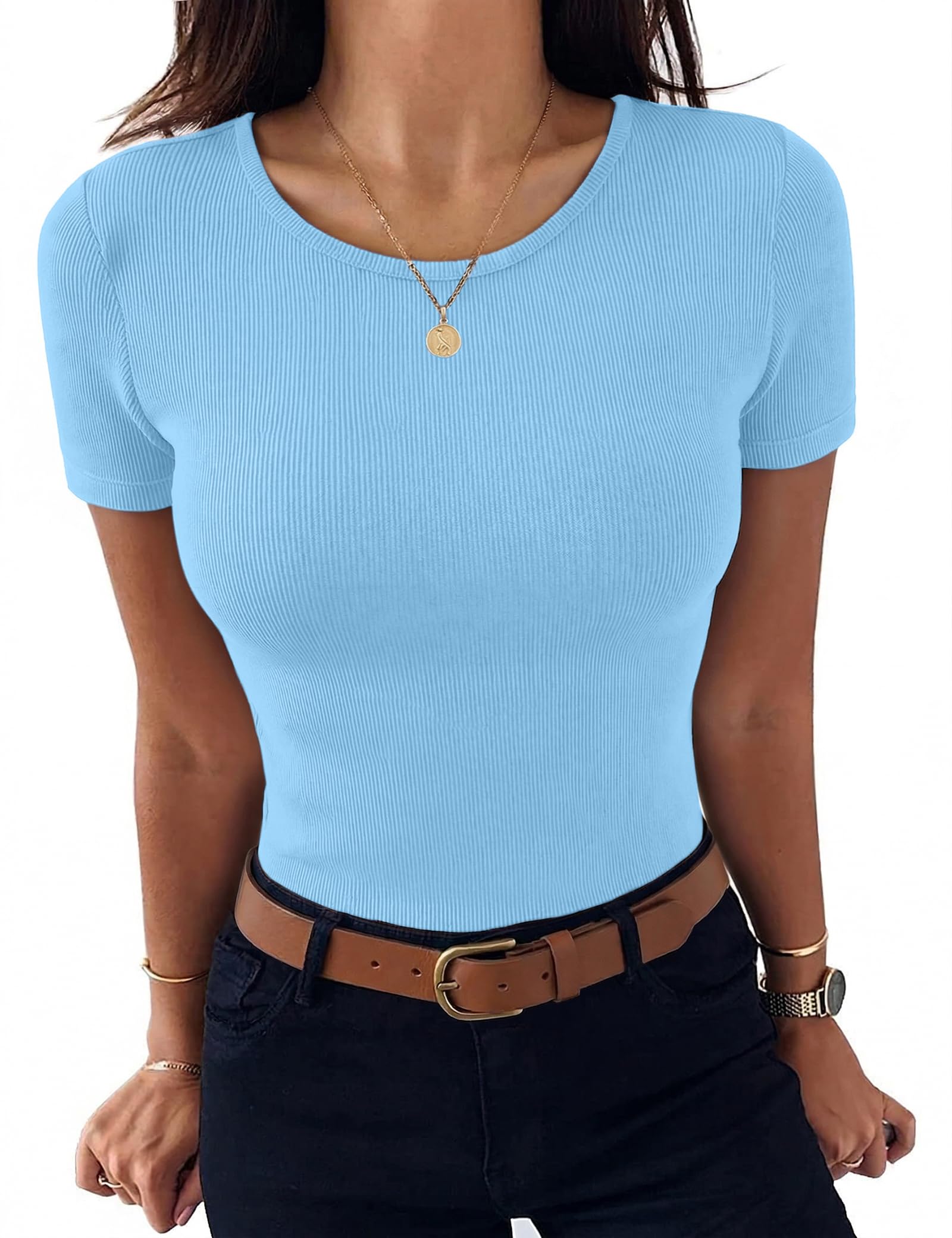 Aottori Damen T-Shirt Rundhals Sommer Oberteile Kurzarm Gerippt Basic Tee Shirts Elegant Slim Fit Tshirt Stretch Casual Tops Einfarbig