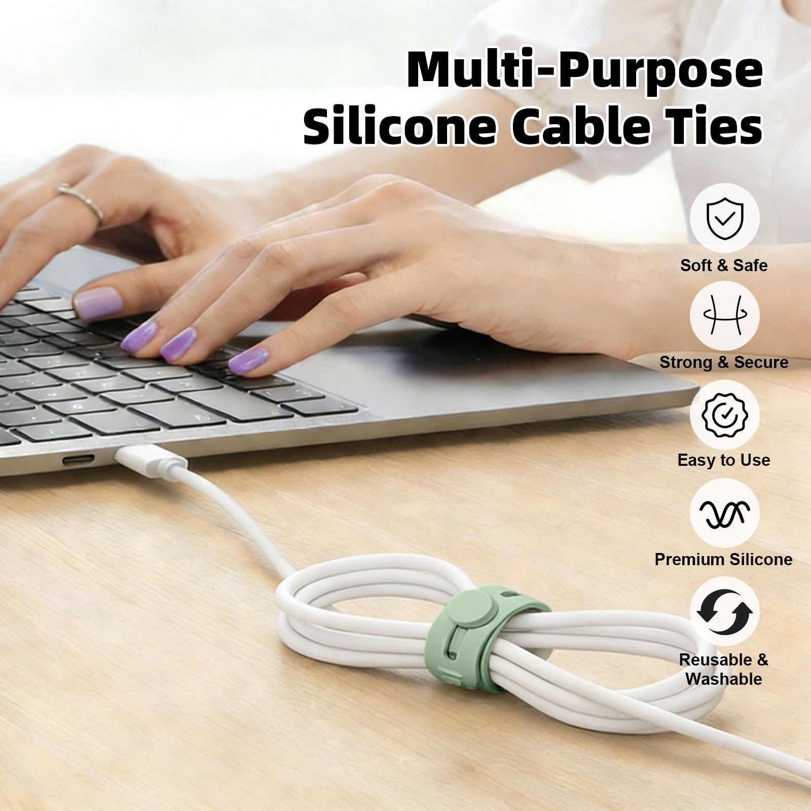 28Pcs Silicone Cable Ties Reusable, Multipurpose Cable Management Organizer, Adjustable Fastening Cable Straps with Locking Buckles, High Elasticity Cord Organizer, Travel Essentials(2 Sizes, 7Colors) - 5