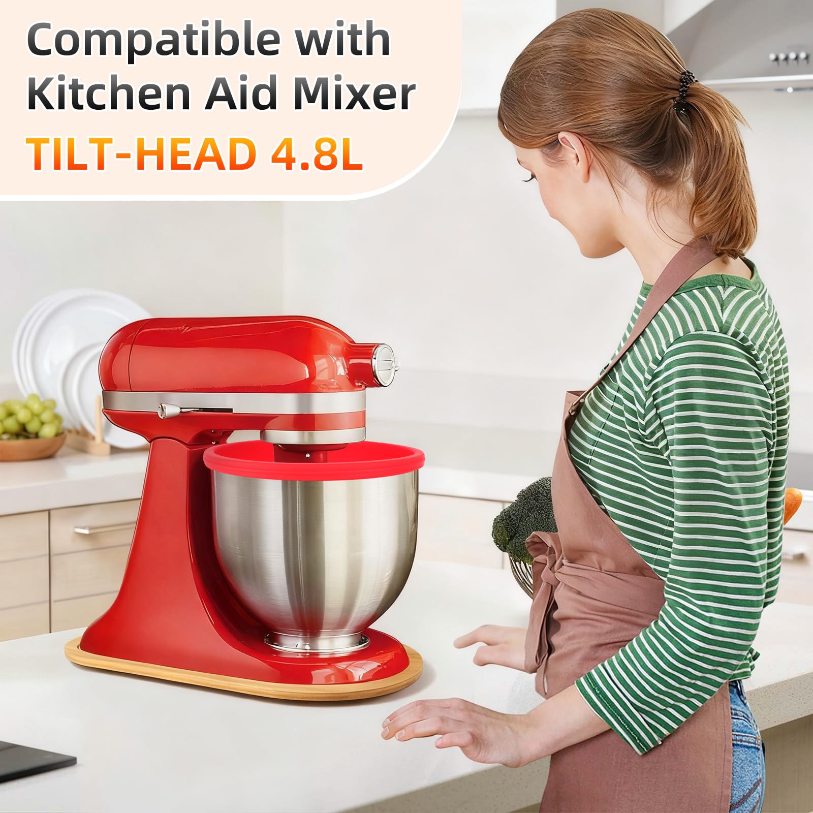 Inserto in Silicone per Ciotola Kitchenaid, Rivestimenti in Silicone per Robot da Cucina Kitchen Aid Mixer TILT-HEAD 4.8L, Ciotole da Mescolare con Coperchi Accessori e Ricambi per KitchenAid (Rosso)