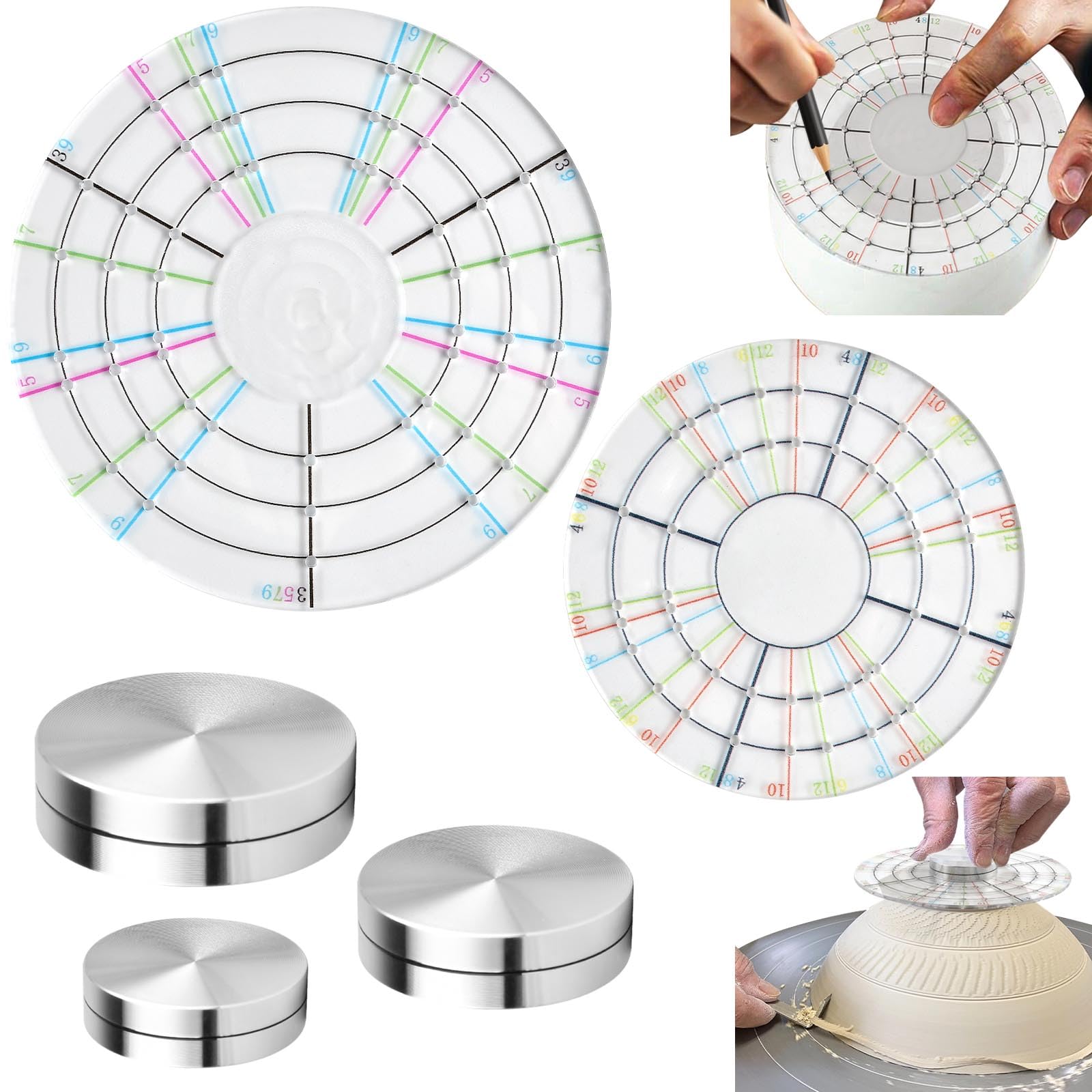 Akamino Set of 5 Ceramic Pottery Trimmer Spinner Tools,4.72 in&3.54 in Rotary Disc Pottery Wheel Trimmer Tool with 3 Size Metal Pottery Throwing Wheel,Clay Wheel Trimmer Tool for Potters Clay Artists