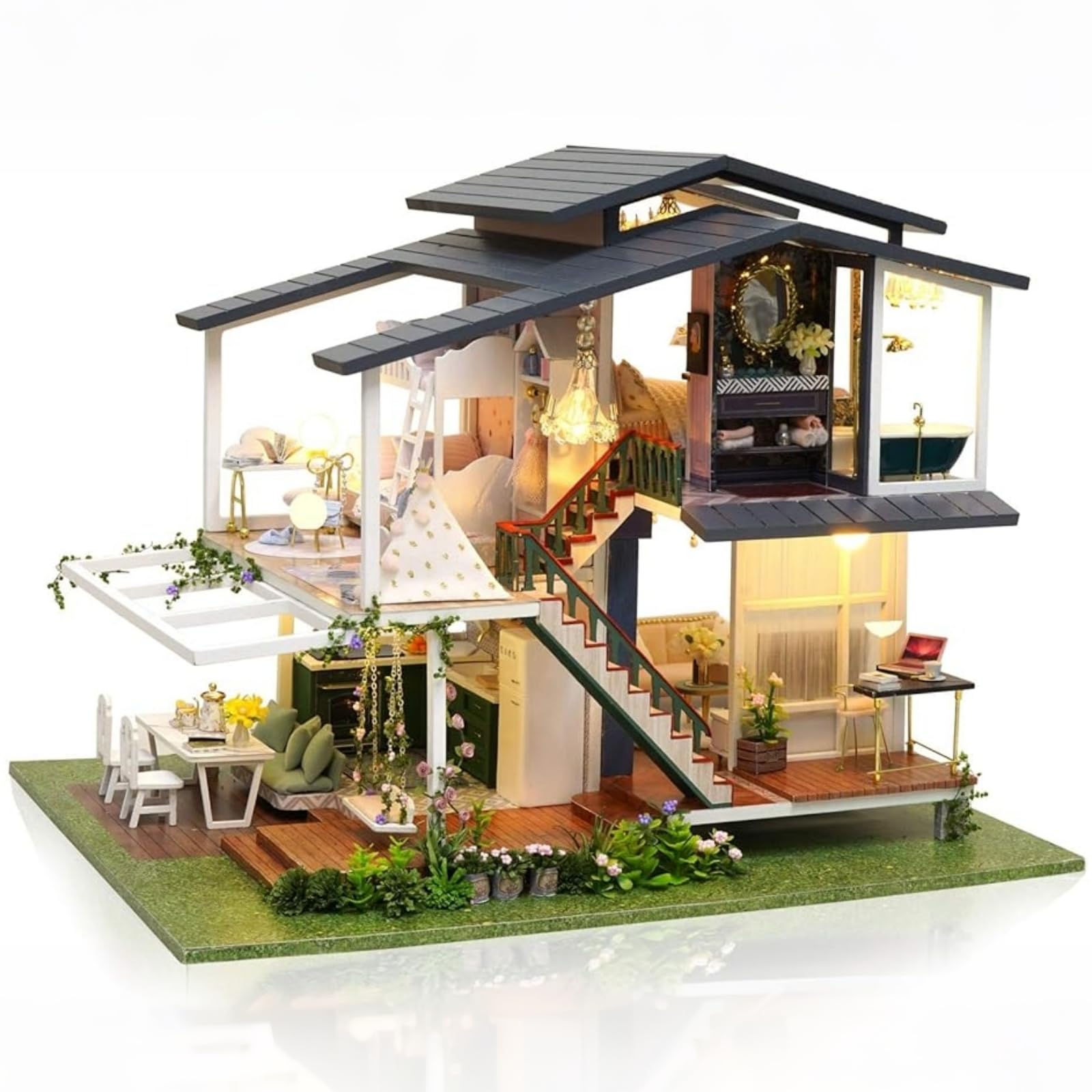 Cuteefun Maison Miniature a Construire DIY Maison Poupee Miniature Bois en Kit avec Musique et Meubles, Cadeau de Bricolage Artisanal pour Les Femmes (Monet Garden)