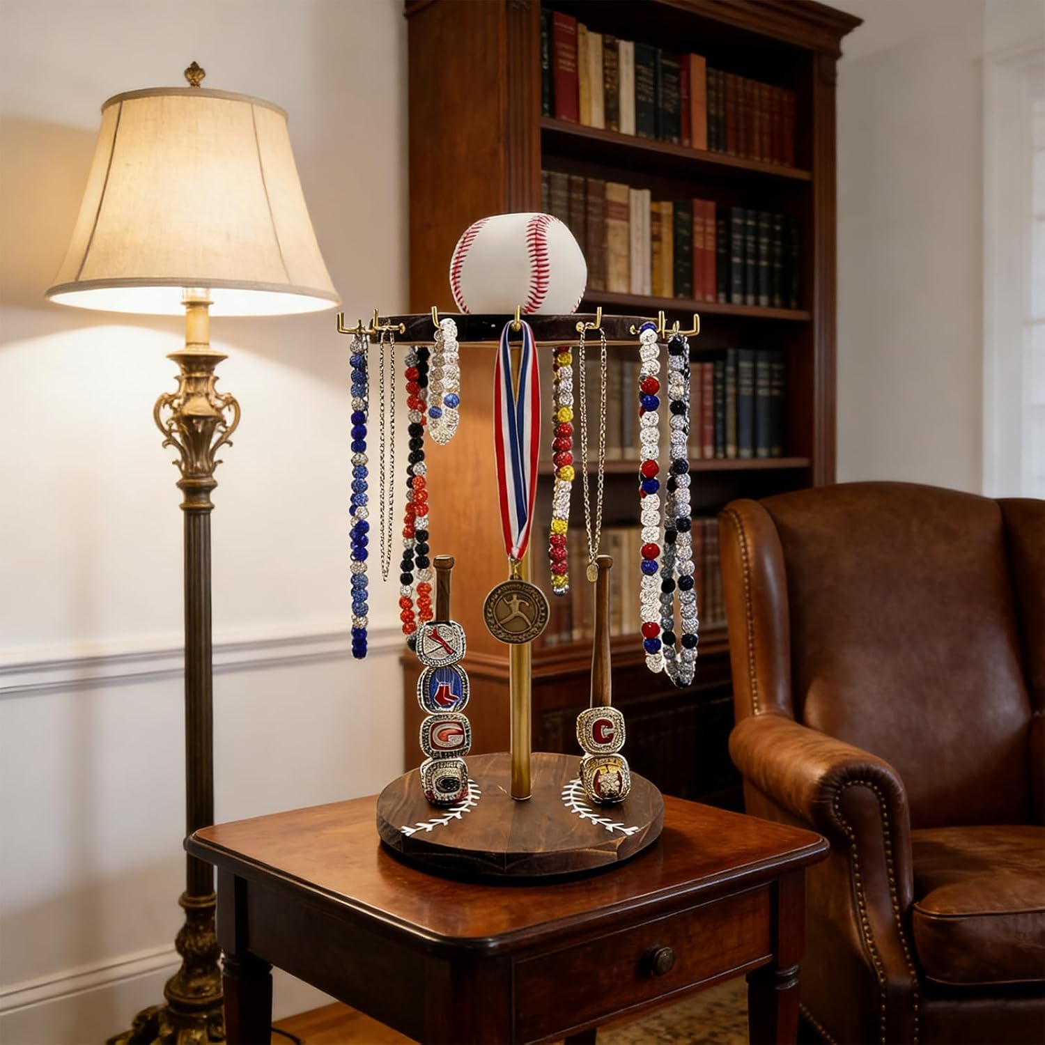 Rotating Wooden Baseball & Softball Necklace and Championship Ring Holder, Baseball Display Stand, Trophy Gift for Players & Coaches, for Boys, Girls and Coaches