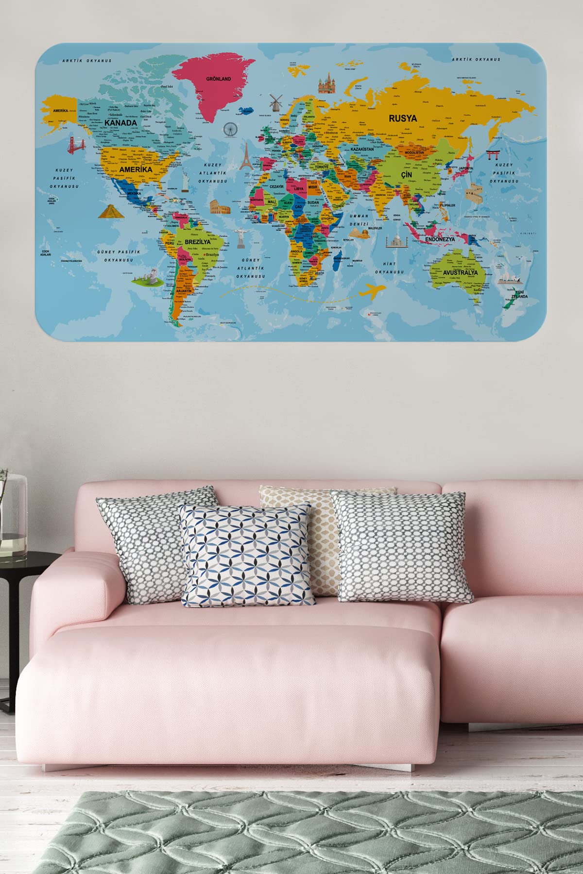Türkce Eğitici Ülke ve Başkent Okyanus Detaylı Atlası Dekoratif Dünya Haritası Duvar Sticker 3864