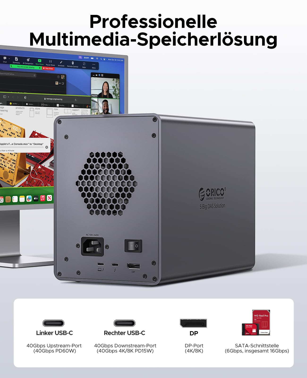 ORICO Estación de Carga para Disco Duro de 5 bahías, 40 Gbps, de Aluminio, para HDD de 3,5 Pulgadas hasta 5 x 22 TB, con Conector DP y Puerto de expansión USB-C, sin Disco Duro (Modelo 9858T3)
