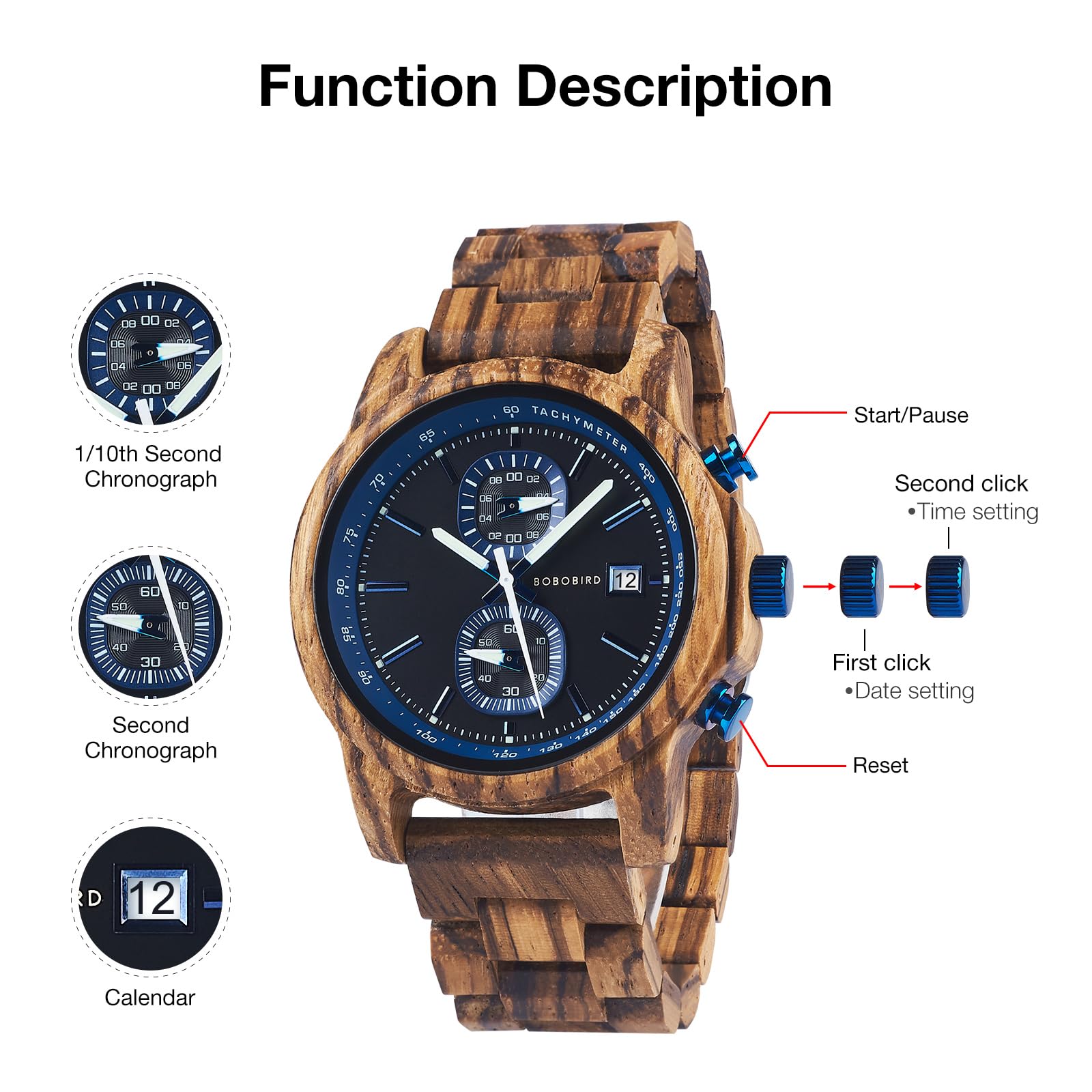 BOBO BIRD Orologio in legno per uomo e donna, ultra leggero, 50 g, lancette luminose, cronografo, data, casual, regalo aziendale