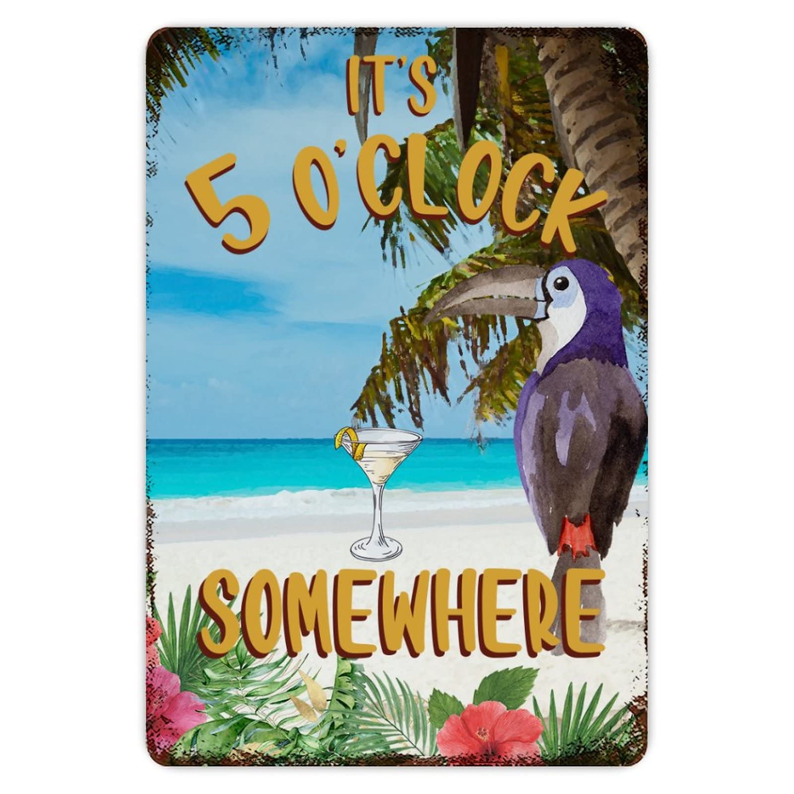 ENEDNATE Retro Aluminum Sign It's Five O'clock Somewhere Parrot Tin Metal Sign Decor for Outdoor Indoor Beach Garden Tub Bar 8x12 inch