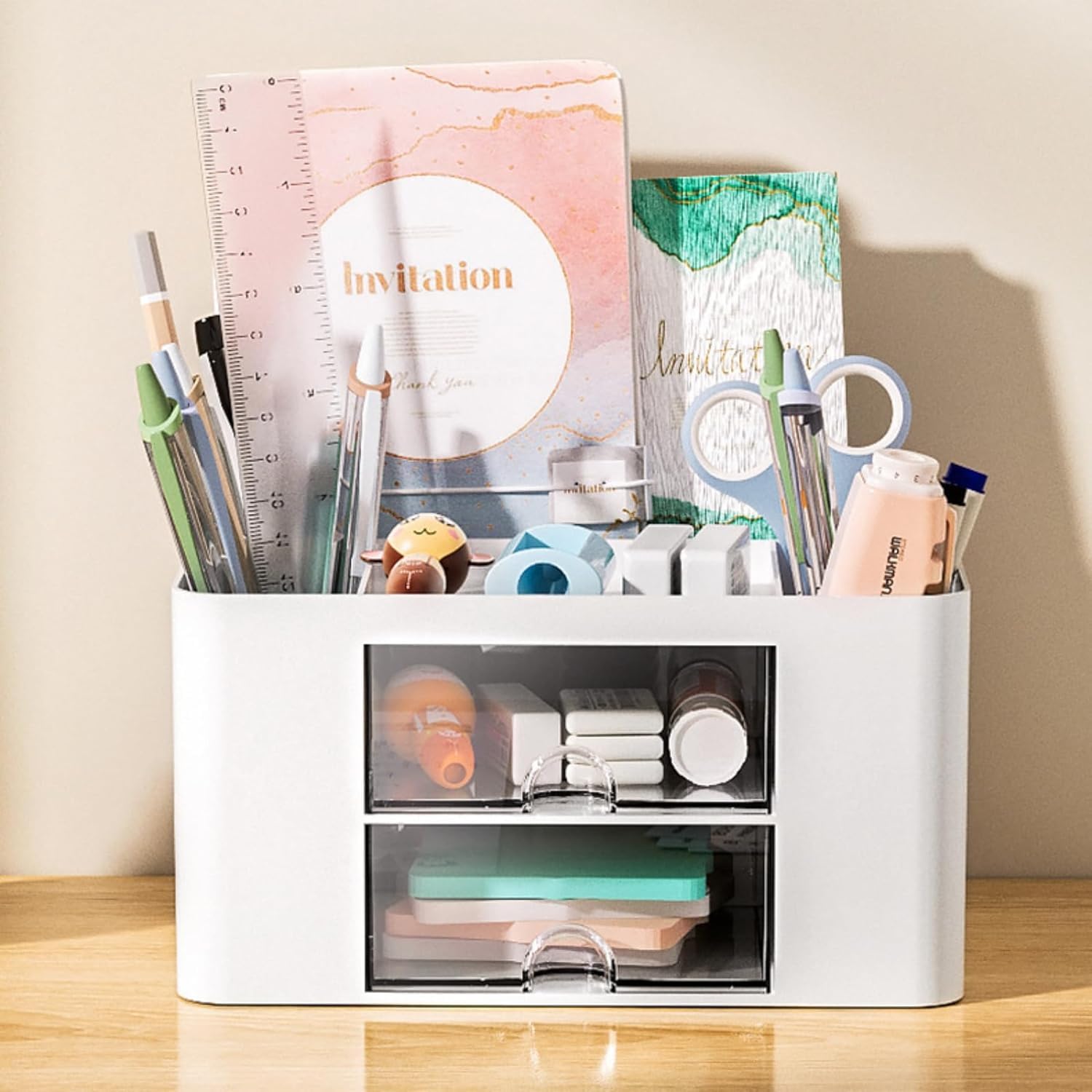 IMPRONOW Plastic Pen Stand/Desk Organizer With Drawer& Compartments For Storing Pen,Pencil,Office Accessories,Stationery Items Study Table Holder. (Pattern 1 White) (B0D2T5STP3) Amazon Price History, Amazon Price Tracker