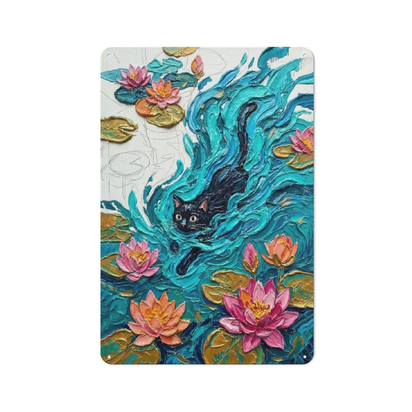 Junmoney Style-14 Retro Metal Wall Sign 30X20cm With Black Cat In Lily Pond Painting For Hallway Wall, Suited To Hallway Decor Lovers