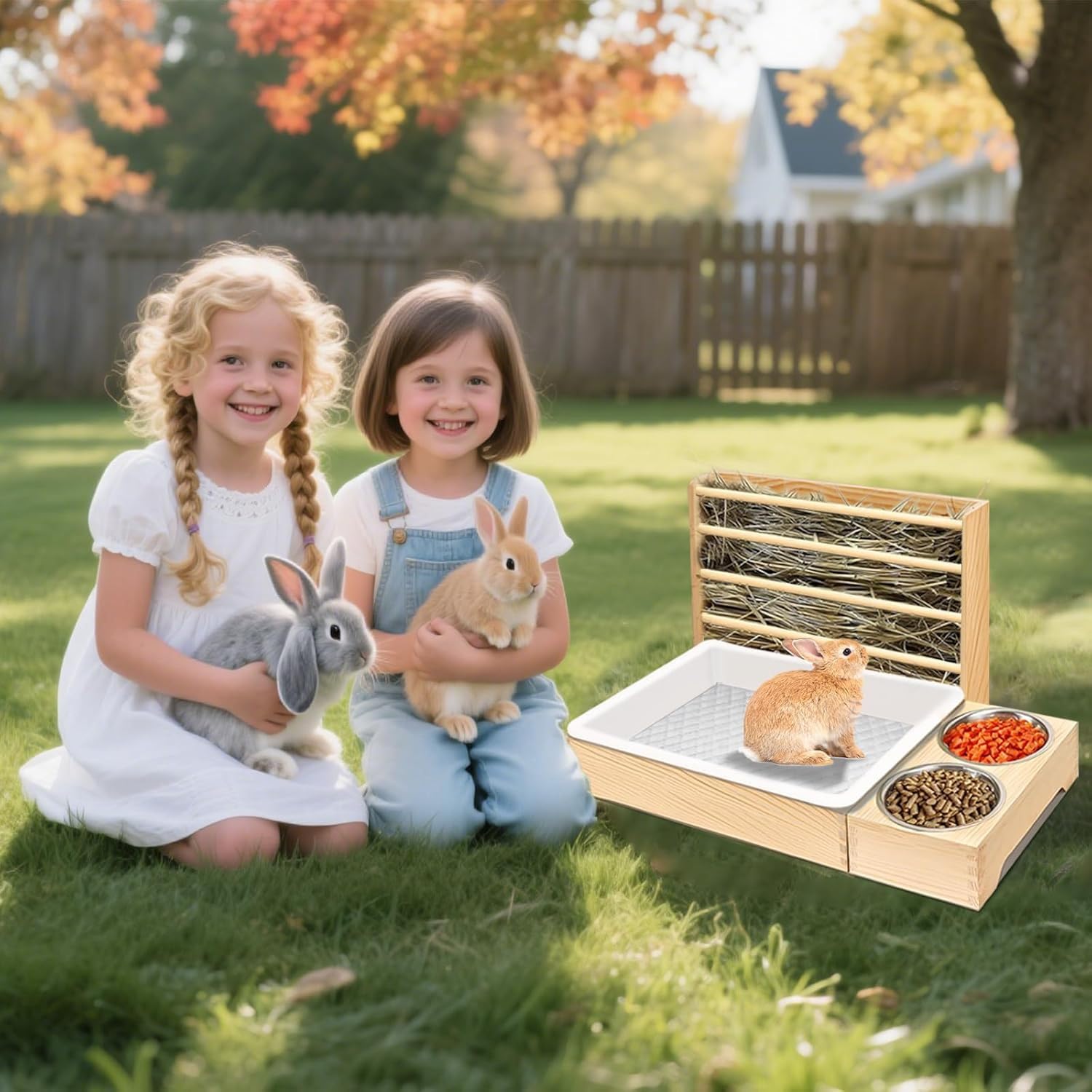 Râtelier à foin pour lapins, cochons d'Inde avec 2 gamelles, distributeur de nourriture 3 en 1 en bois pour cochons d'Inde